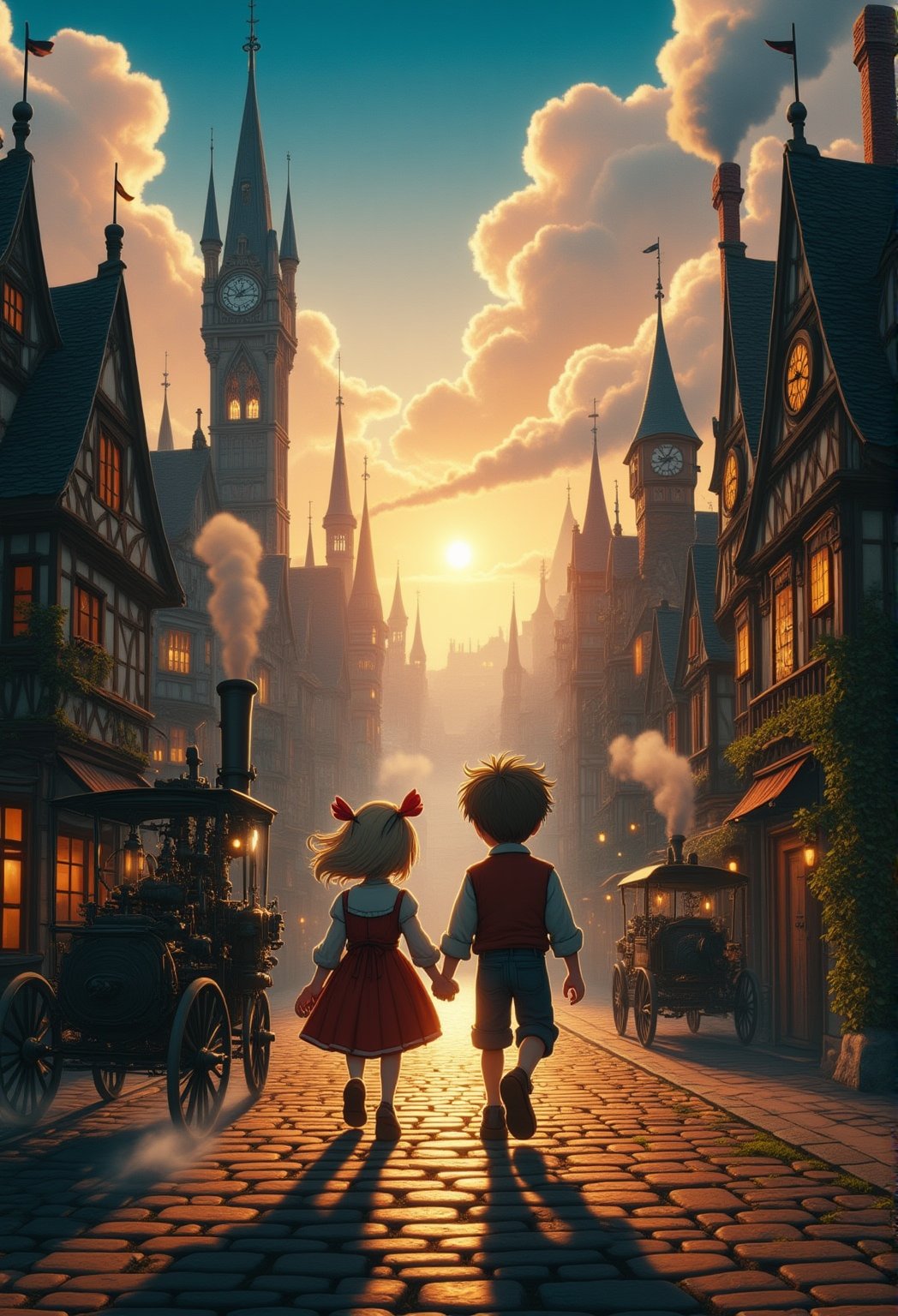 A whimsical townscape unfolds as a boy and girl, hands clasped together, stroll side-by-side through the misty streets. Steeples and clock towers rise from the cobblestone roads, where steam-powered carriages rattle by, their hissing pipes spewing wisps of vapor. The sun casts a warm glow, illuminating intricately detailed buildings with copper accents and wispy smoke curls rising from chimneys. A low-angle view captures the sense of adventure as the pair explores this fantastical world, where gears and cogs meet ancient magic.Anime Ghibli Style