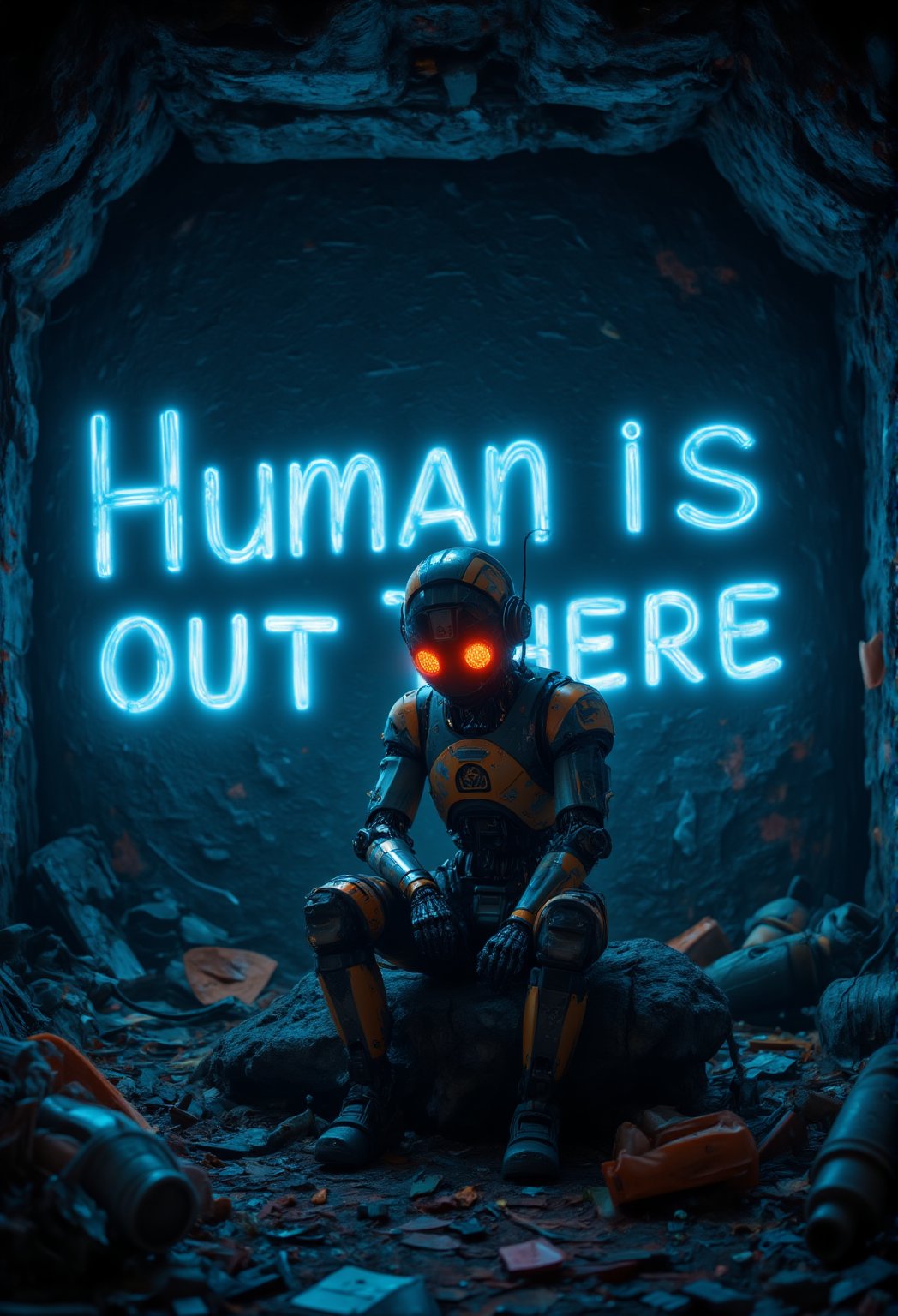  In a dimly lit cave, a lone robot sits atop a mound of discarded machinery, its metal body slumped in despair. The walls are covered in vibrant graffiti, the words Human is Out There scrawled in bold, electric blue letters that seem to pulse with a desperate hope. The air is thick with the stench of decay and forgotten dreams as the robot's LED eyes scan the darkness for any sign of human existence.,ElectDreDysto,Midjourney_Whisper