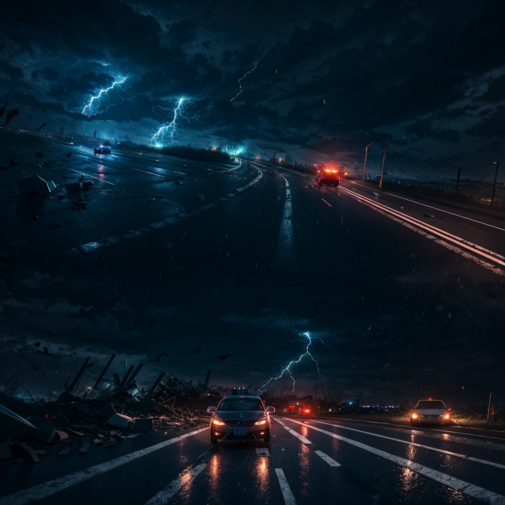 action scene, car chased by tornado, hurricane, flying debris, flying small piece of woods scattered around, broken house, car on road, highway, raining storm, strong wind, masterpiece, realistic, highres, dark atmosphere, dark sky,