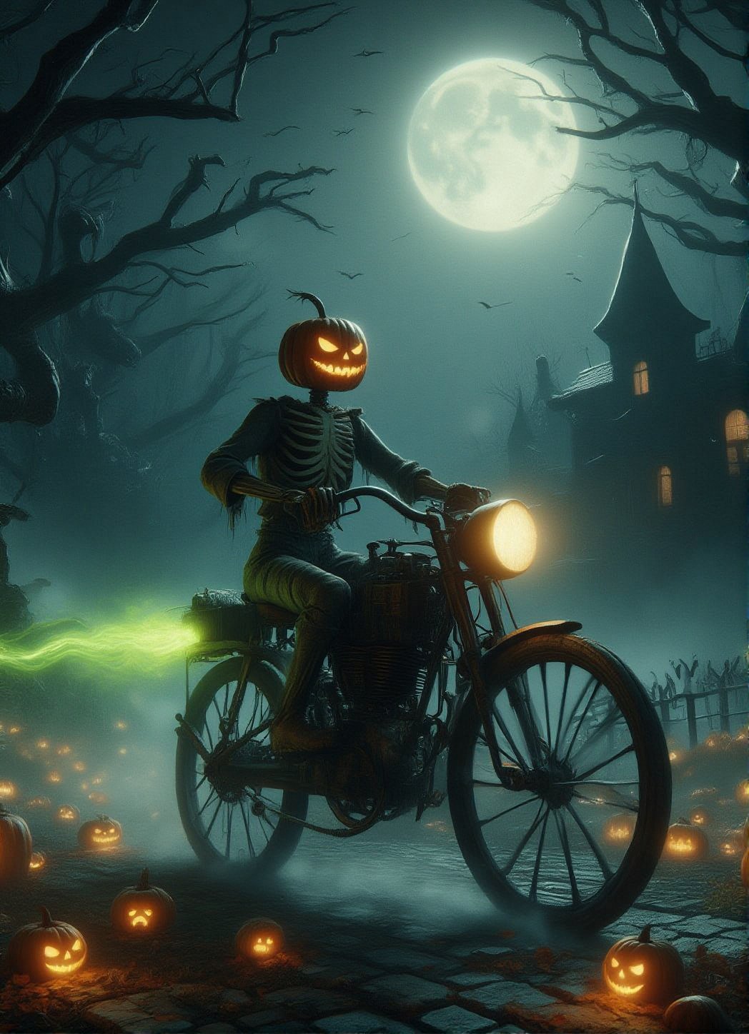 A haunting Halloween scene featuring a pumpkin-headed skeleton wearing tattered, torn clothes. The skeleton is riding an eerie, broken-down Harley Davidson bike, with rusted parts and flickering ghostly lights. The bike's wheels leave a trail of eerie green mist as it moves through a foggy, moonlit graveyard. Jack-o'-lanterns glow ominously along the path, and twisted, leafless trees loom in the background, their branches reaching like skeletal hands. The overall vibe is chilling, with a dark, eerie atmosphere and an ominous Halloween aura. Anime Ghibli Style,DarkHalloween