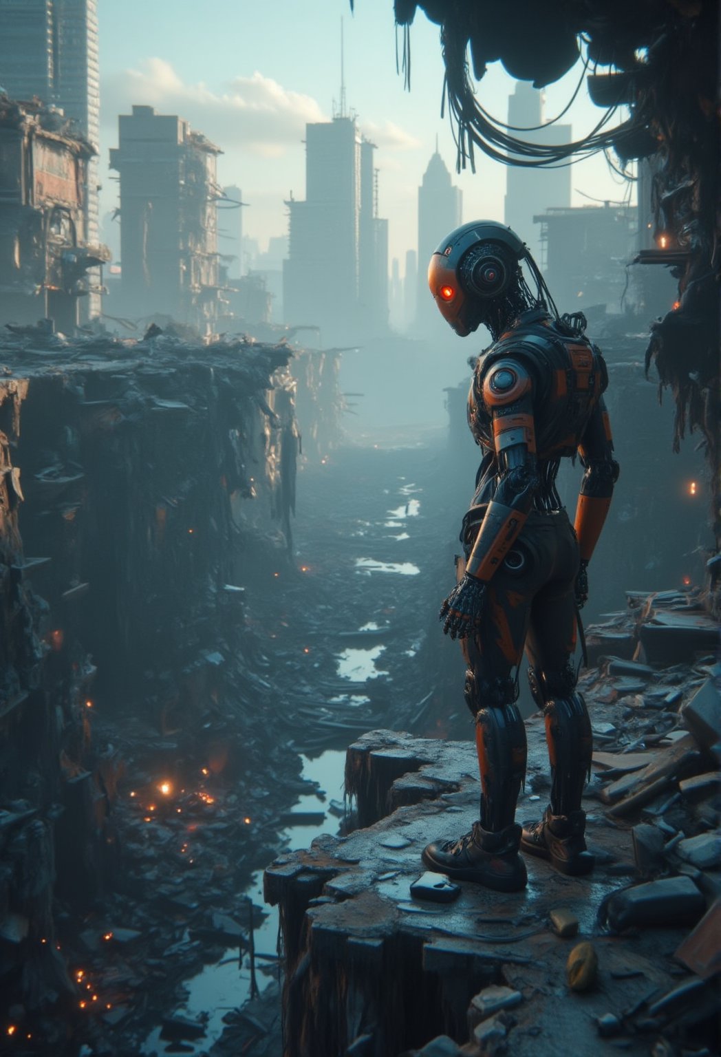 A cybernetic robot stands at the edge of a collapsed skyscraper, looking out over a devastated metropolis, the skyline broken and twisted. The lighting is soft, with long shadows stretching across the scene. The robot’s red eyes pulse faintly as it scans for any movement or heat signature that could signal human presence.,ElectDreDysto,Midjourney_Whisper