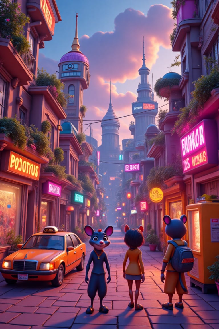 a lively and colorful Zootopia-inspired cityscape in Pixar's 3D cartoon style,  featuring diverse neighborhoods like Tundr...