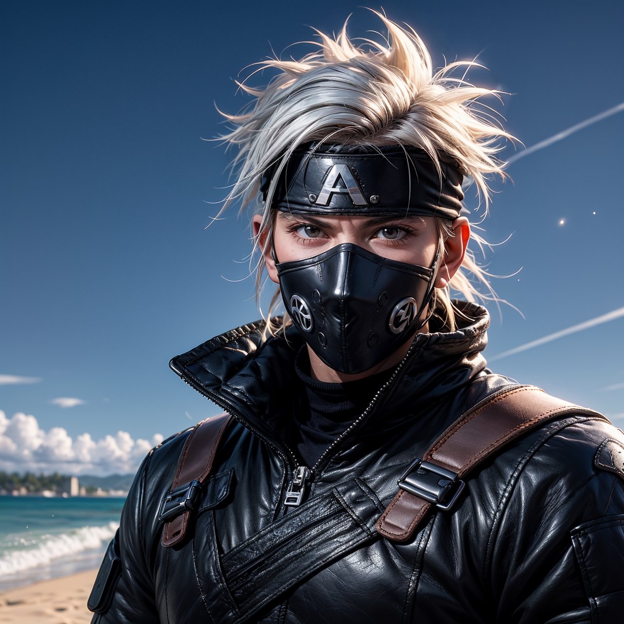 (masterpiece), 1man, spiky hair, white hair, wearing tight tactical ninja flak jacket, leather tactical ninja full mouth mask, leather gloves, and his (((tactical headband with a letter ("A") symbol))), scenery, (at beach background), sparkle, Kakashi Hatake