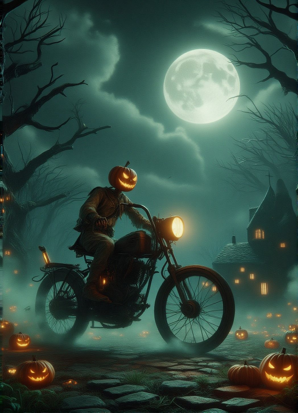 A haunting Halloween scene featuring a pumpkin-headed skeleton wearing tattered, torn clothes. The skeleton is riding an eerie, broken-down Harley Davidson bike, with rusted parts and flickering ghostly lights. The bike's wheels leave a trail of eerie green mist as it moves through a foggy, moonlit graveyard. Jack-o'-lanterns glow ominously along the path, and twisted, leafless trees loom in the background, their branches reaching like skeletal hands. The overall vibe is chilling, with a dark, eerie atmosphere and an ominous Halloween aura. Anime Ghibli Style,DarkHalloween