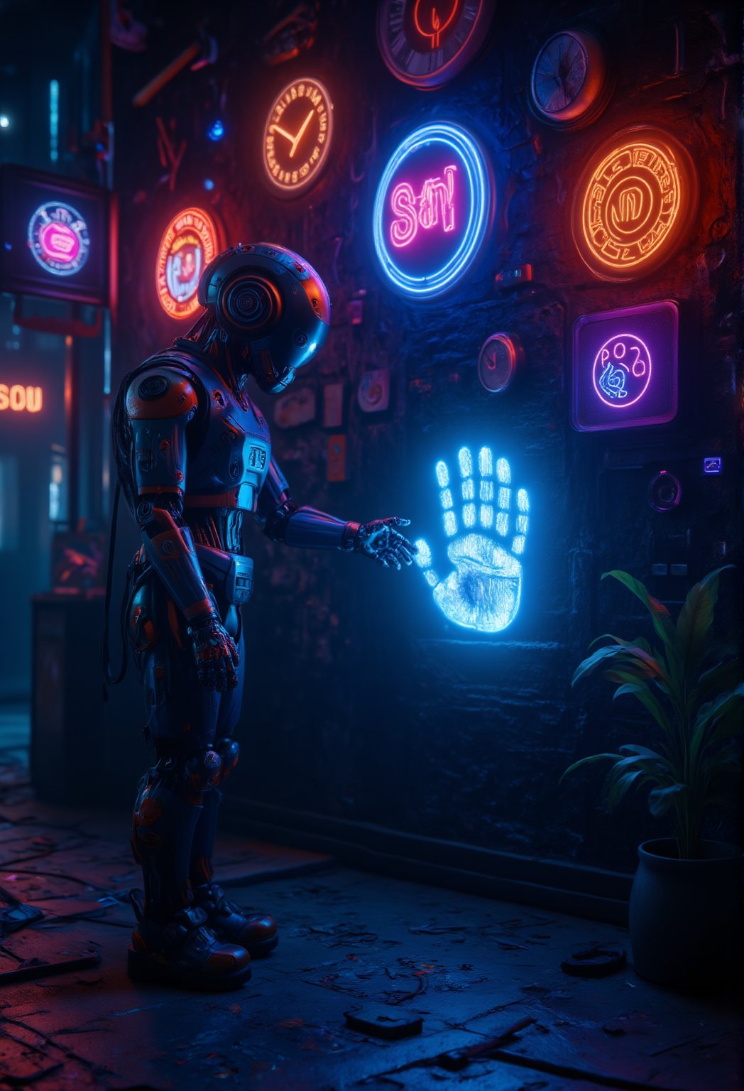 Discovering a Human Handprint: The robot finds a fresh human handprint glowing on a wall in ultraviolet paint. Neon signs buzz overhead as it reaches out to touch the imprint. The scene is ultra-realistic, capturing the hope and sadness in the robot's quest.,ElectDreDysto,Midjourney_Whisper