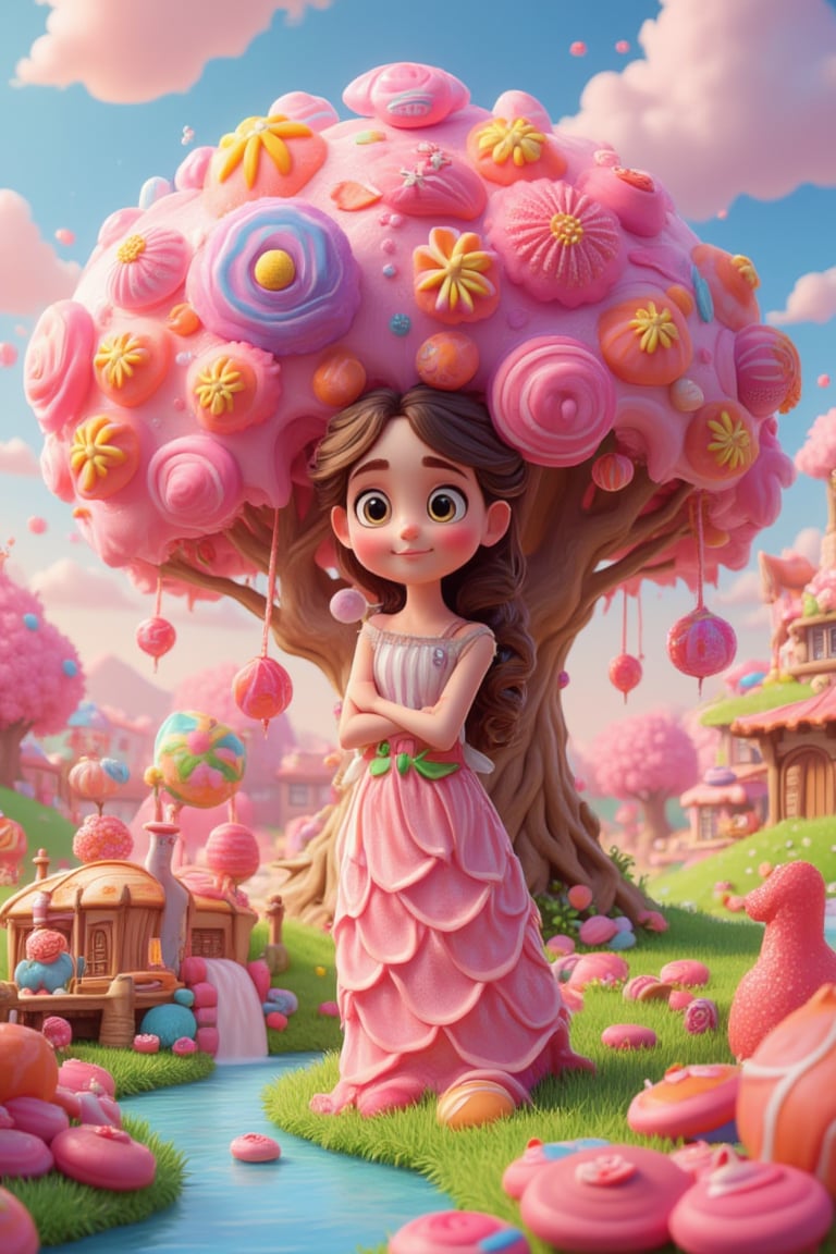 a cute beautiful girl sitting under a colourful cake tree. colourful candy land made from candy with chocolate river and candy cottage. highly detailed, cartoon art,3d render