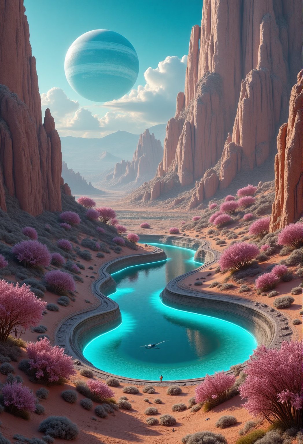 An alien desert oasis nestled amidst towering sand dunes,  featuring a surreal,  glowing blue lake surrounded by biolumine...