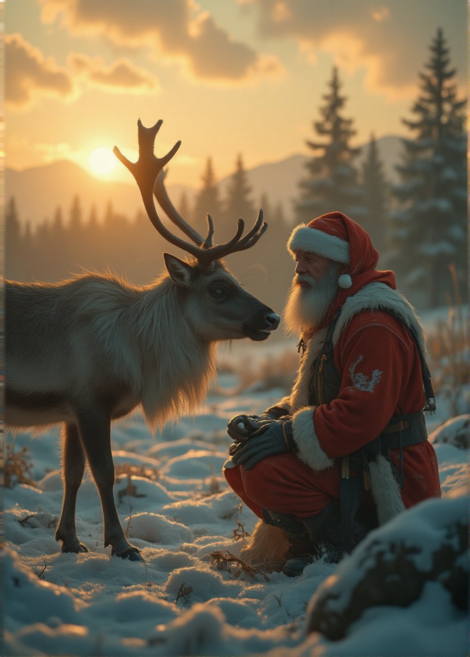 Santa Claus kneeling beside a red nose reindeer in a frozen tundra,  a serene and majestic wildlife scene,  cinematic ligh...