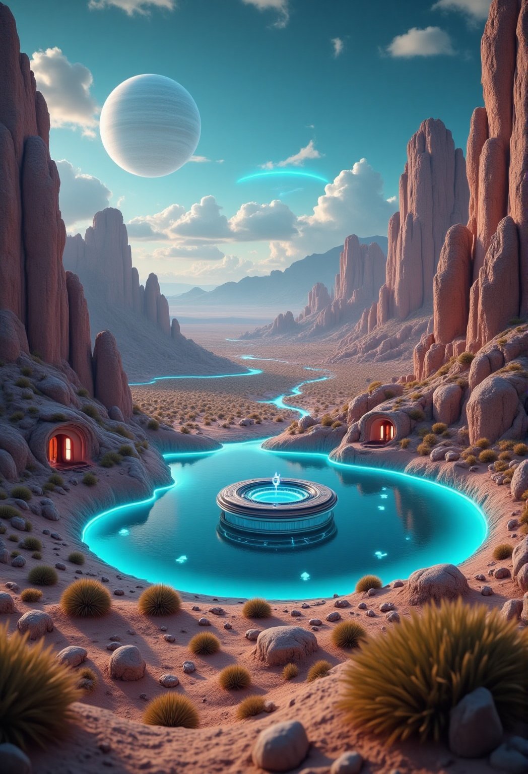 An alien desert oasis nestled amidst towering sand dunes,  featuring a surreal,  glowing blue lake surrounded by biolumine...