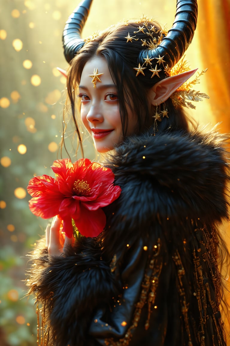 In a regal, golden-lit studio, a solitary female figure stands with piercing brown eyes directly addressing the viewer. Raven-black locks cascade down her back, adorned with a delicate hair ornament sparkling like stars. Subtle fur trim accents her upper body as she cradles a vibrant red flower in her hand. A subtle smile curves her parted lips, while small horns peek out from beneath flowing tresses. The blurred background creates a shallow depth of field drawing attention to striking features and the whimsical touch of delicate hair flowers.EpicFantasy