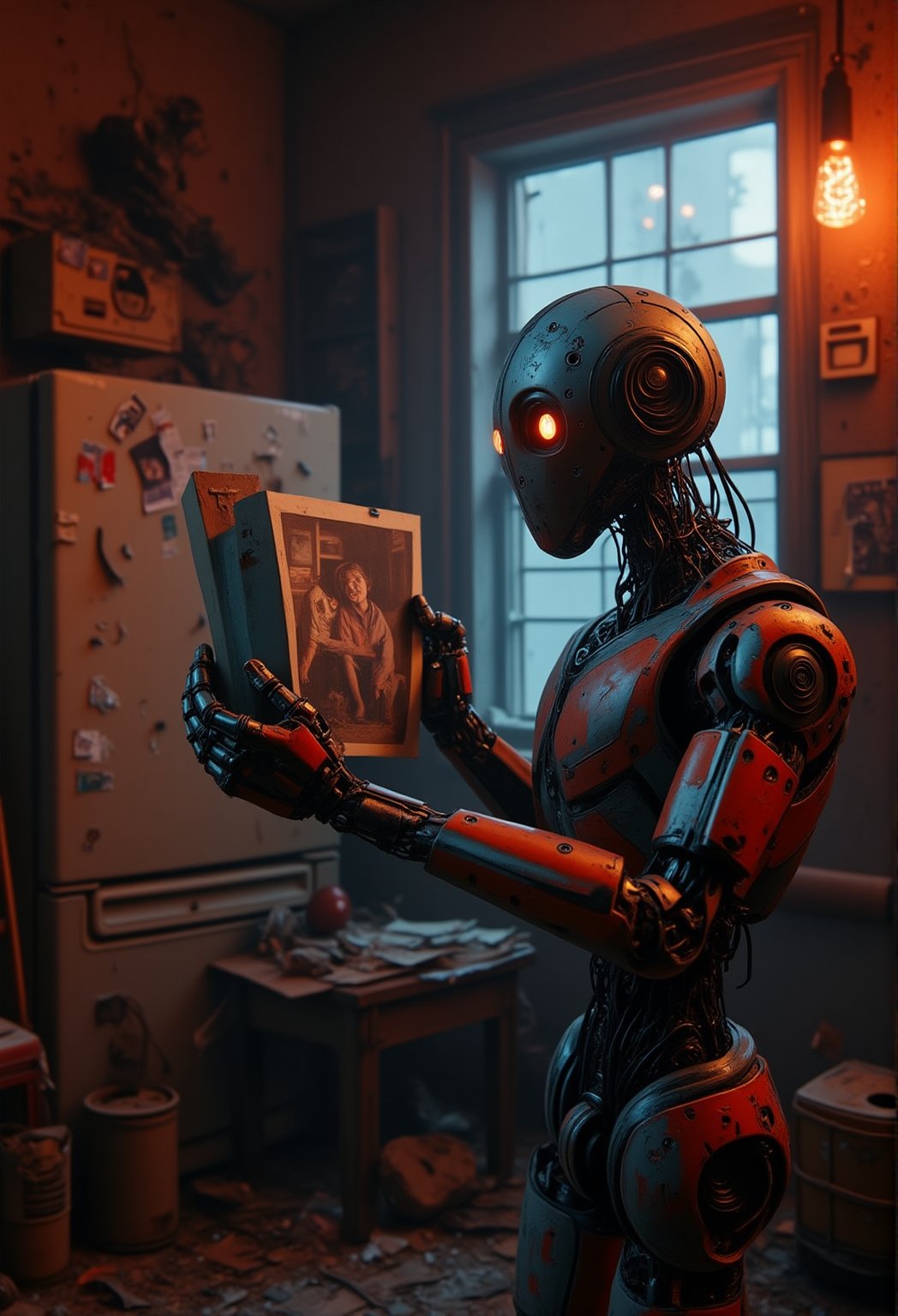 Robot Holding a Lost Photograph: In a cluttered, abandoned apartment, the robot gently holds a crumpled photograph of a human family. Neon lights from outside cast a somber hue across the room. The close-up shot captures the robot's intricate design and the sadness in its gesture.,ElectDreDysto