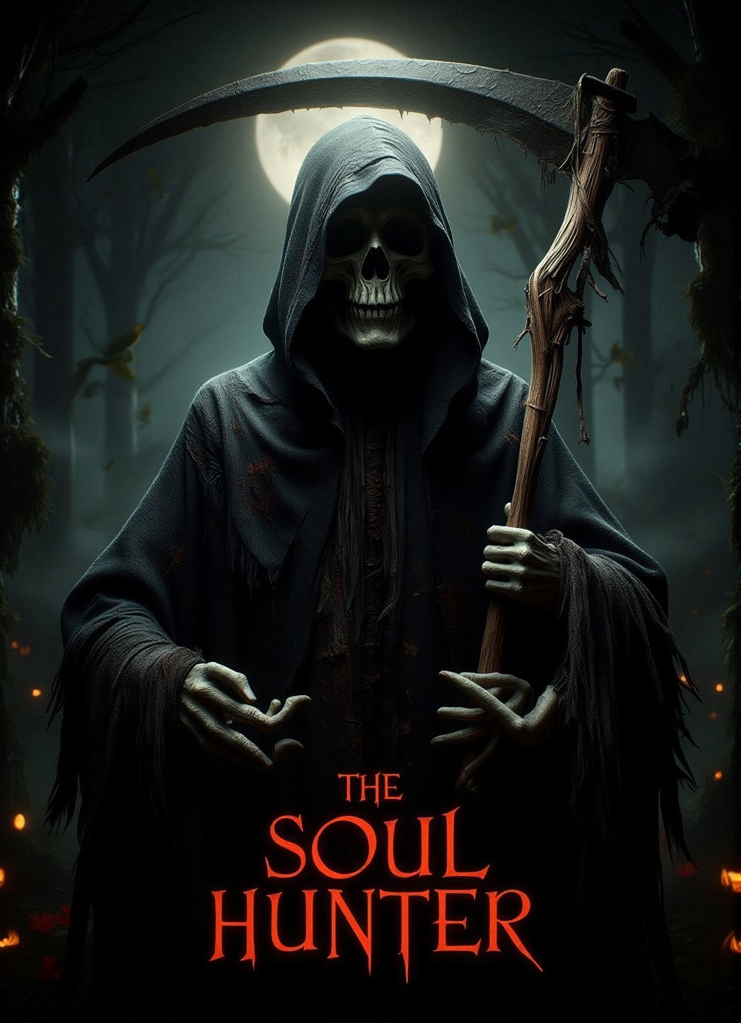 Score_9, score_8_up, score_7_up, write spooky title text "THE SOUL HUNTER". featuring hooded grim reaper, halloween theme. GrmreaperABM,DarkHalloween