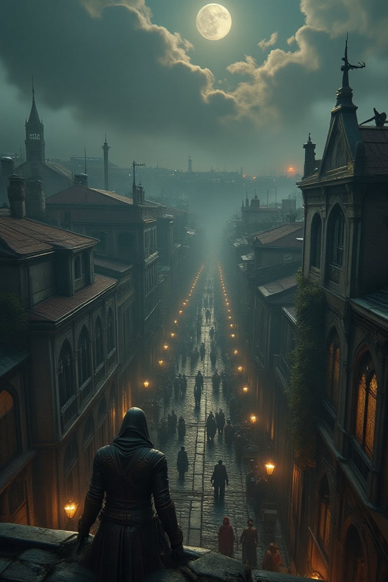 A hooded Assassin kneeling atop a shadowed rooftop in Renaissance Venice under a moonlit sky. Below,  narrow cobblestone s...