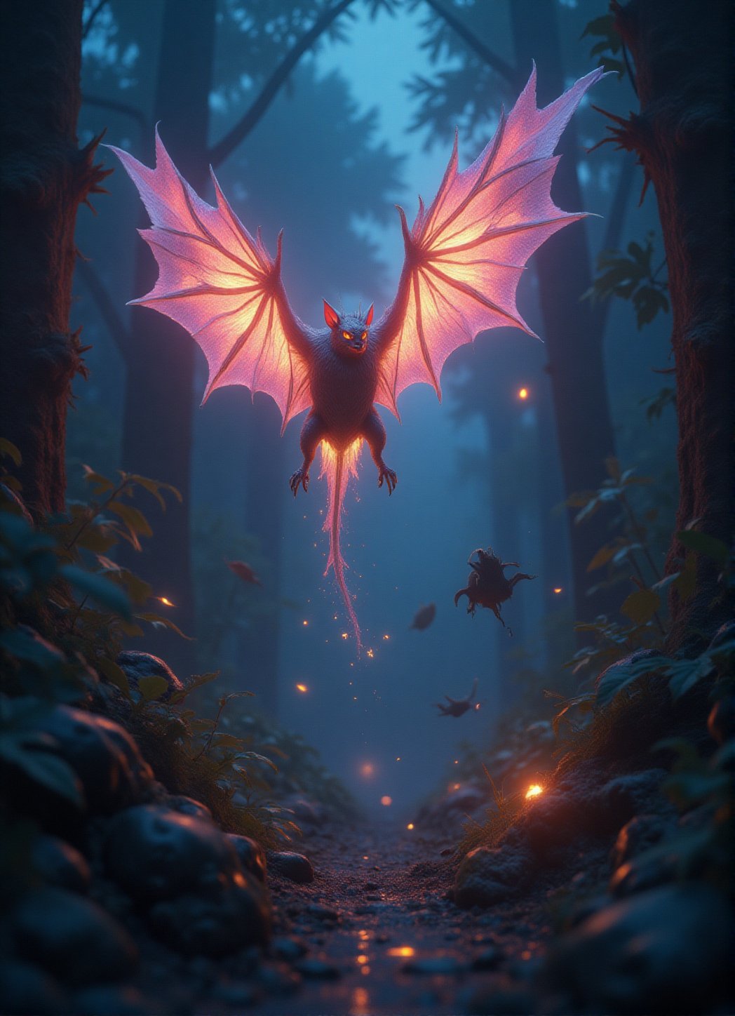 A magical bat with crystalline wings soaring through an enchanted forest, glowing brightly in the night sky, with sparkling dust trailing behind it, surrounded by mystical creatures and glowing plants, ethereal atmosphere, vivid colors, fantasy illustration, 4K.,GbBoost,Angelic Knight,10xRFBoost