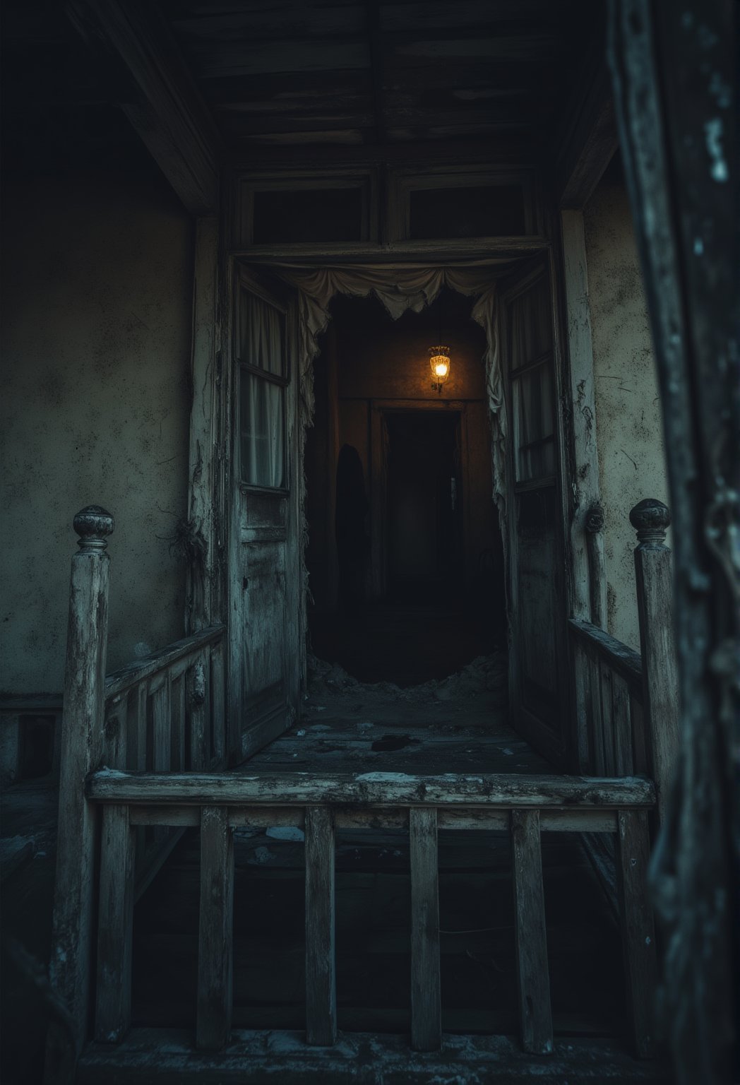 A cinematic wide angle shot of a rotting hotel balcony, with splintered wood and peeling paint. The camera zooms in on the open door leading into a dark, decayed room, with curtains fluttering in the wind. The shadows of unseen figures seem to dance inside, barely visible beyond the dim light coming from a flickering streetlamp below. The dynamic angle emphasizes the feeling of something lurking just beyond the doorway.FluxBoost,Midjourney_Whisper,FluxBoost,Midjourney_Whisper