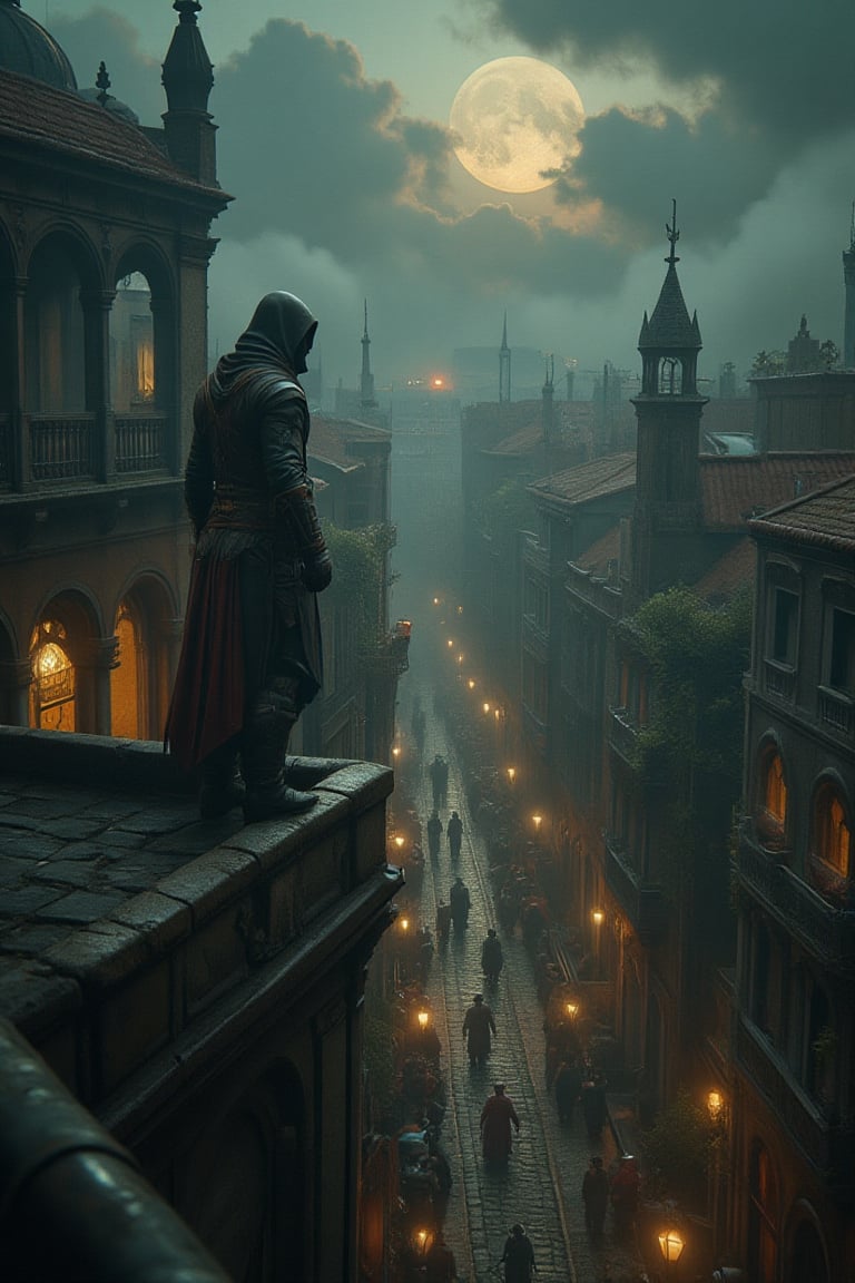 A hooded Assassin stands atop a shadowed rooftop in Renaissance Venice under a moonlit sky. Below,  narrow cobblestone str...