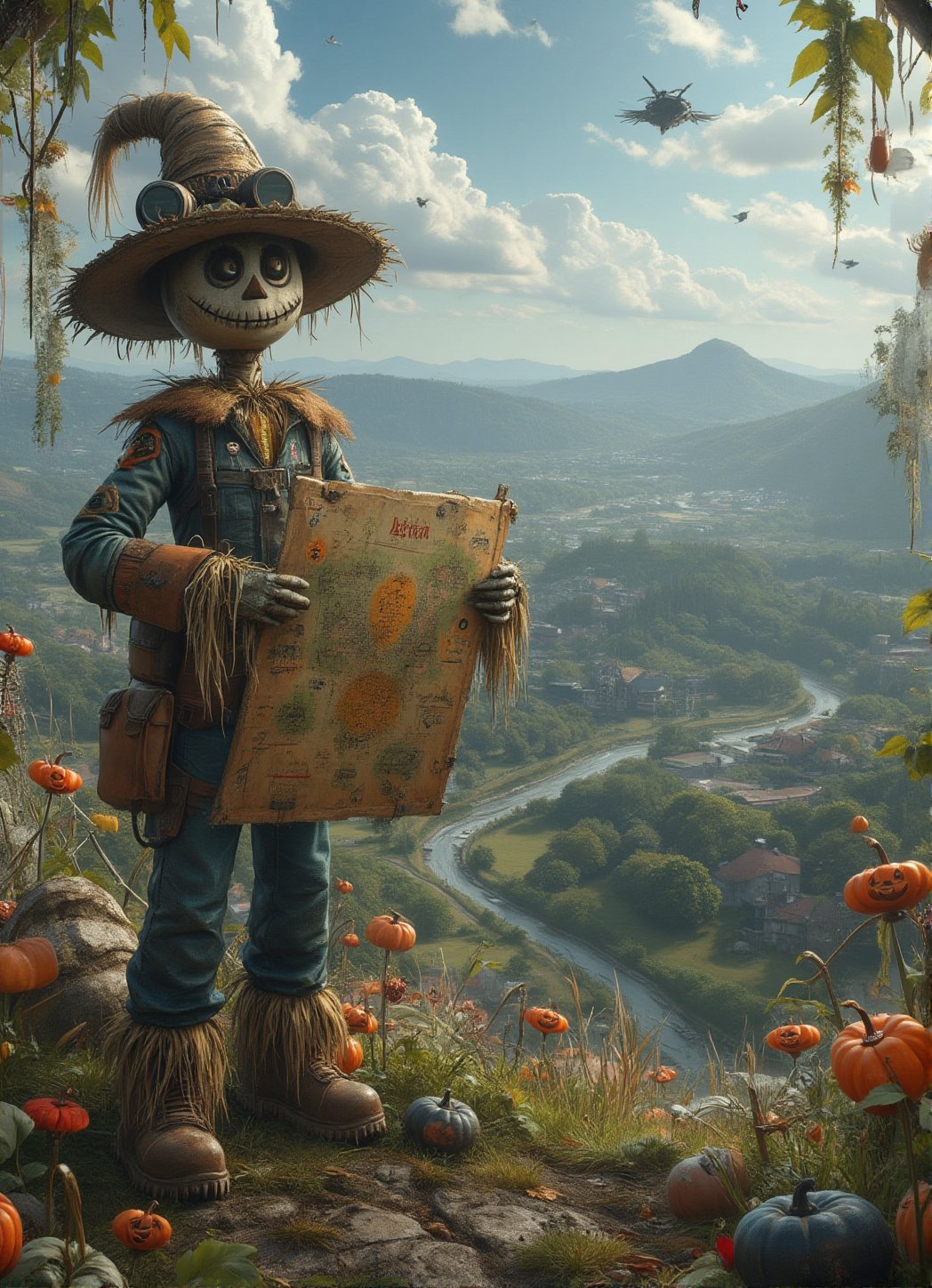 A scarecrow with a straw hat and a pair of binoculars stands on a hilltop, scanning the horizon for signs of danger. In its hands, it holds a detailed map of the surrounding area, marked with symbols and notations. Behind it, a breathtaking view of a vast valley stretches out, dotted with farms and forests. The scarecrow's hat is adorned with a collection of badges and pins, earned through years of dedicated service. DarkHalloween,justart01,cartoon art