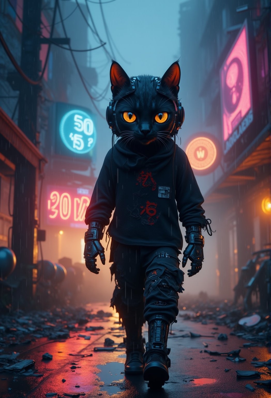 a sad black cyborg robot cat wearing torn clothes, walking in a broken and abandoned futuristic neon machine city with an otherworldly and sad demeanor, set in a dystopian world, with a 4K resolution. Includes a broken clock tower and a broken holographic billboard with faded advertisements in the background. The art styles are inspired by Simon Stalenhag, Frank Frazetta, Beeple, Greg Rutkowski, Yoko Taro, Christian Macnevin, Wlop, and Krenz Cushart. The scene includes epic fantasy character art, volumetric outdoor lighting, a rainy night atmosphere, high fantasy elements, and is reminiscent of CGSociety's highly detailed realistic artworks. The image looks like it was rendered in Unreal Engine, with a cinematic feel and dramatic lighting, perfectly intricate, similar to a Blender render, with reflections of the rain on the robot's cat metallic surface, and puddles on the ground reflecting neon signs. ElectDreDysto,