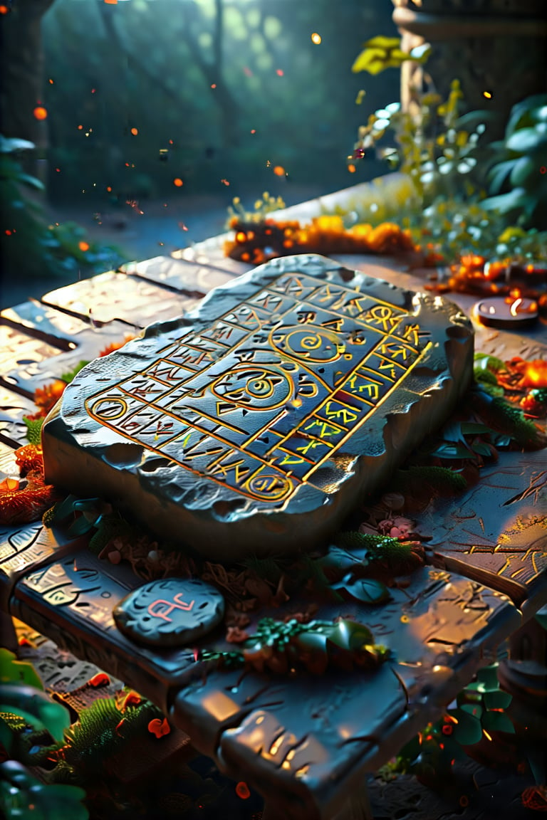 An ancient runestone cast on a weathered table, glowing with an ethereal light, surrounded by mystical symbols and runic inscriptions. EpicFantasy,H-Q hyperrealistic, 