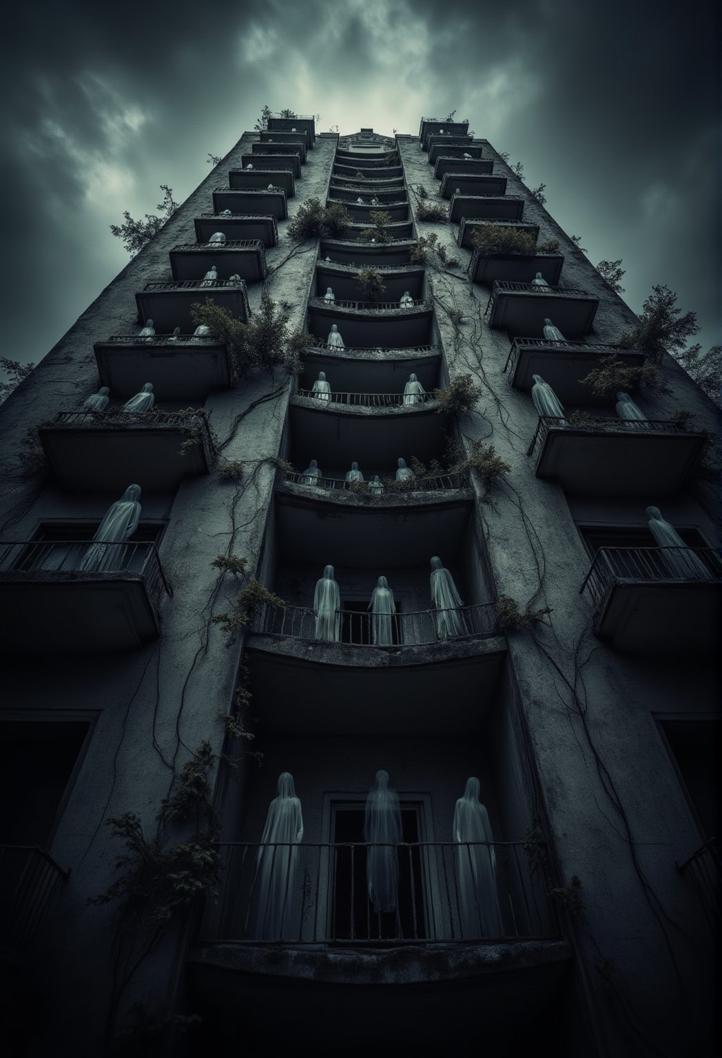 A towering condominium with multiple balconies stands eerily silent under a dark, cloudy sky. A dynamic upward shot reveals ghostly figures standing motionless on several of the balconies, their transparent forms barely visible in the dim light. The building's walls are cracked and weathered, with vines crawling up its sides. The camera zooms in slowly as the ghostly figures seem to multiply, watching silently as if waiting for something to happen. The wind blows through the empty corridors, creating an ominous, haunted atmosphere.FluxBoost,Midjourney_Whisper,FluxBoost,Midjourney_Whisper