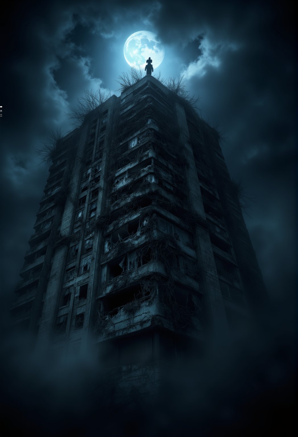 A towering, dilapidated condominium looms against the midnight sky, its windows dark and shattered. Thick, rolling fog clings to the ground, swirling up the sides of the building as if alive. The camera captures a dynamic wide-angle shot, tilted slightly upward, emphasizing the sheer height and eerie desolation of the structure. Faint flickers of movement are visible in the top floor’s broken windows, and the unsettling silhouette of a figure stands ominously on the rooftop, bathed in the glow of a distant full moon.FluxBoost,Midjourney_Whisper,FluxBoost,Midjourney_Whisper