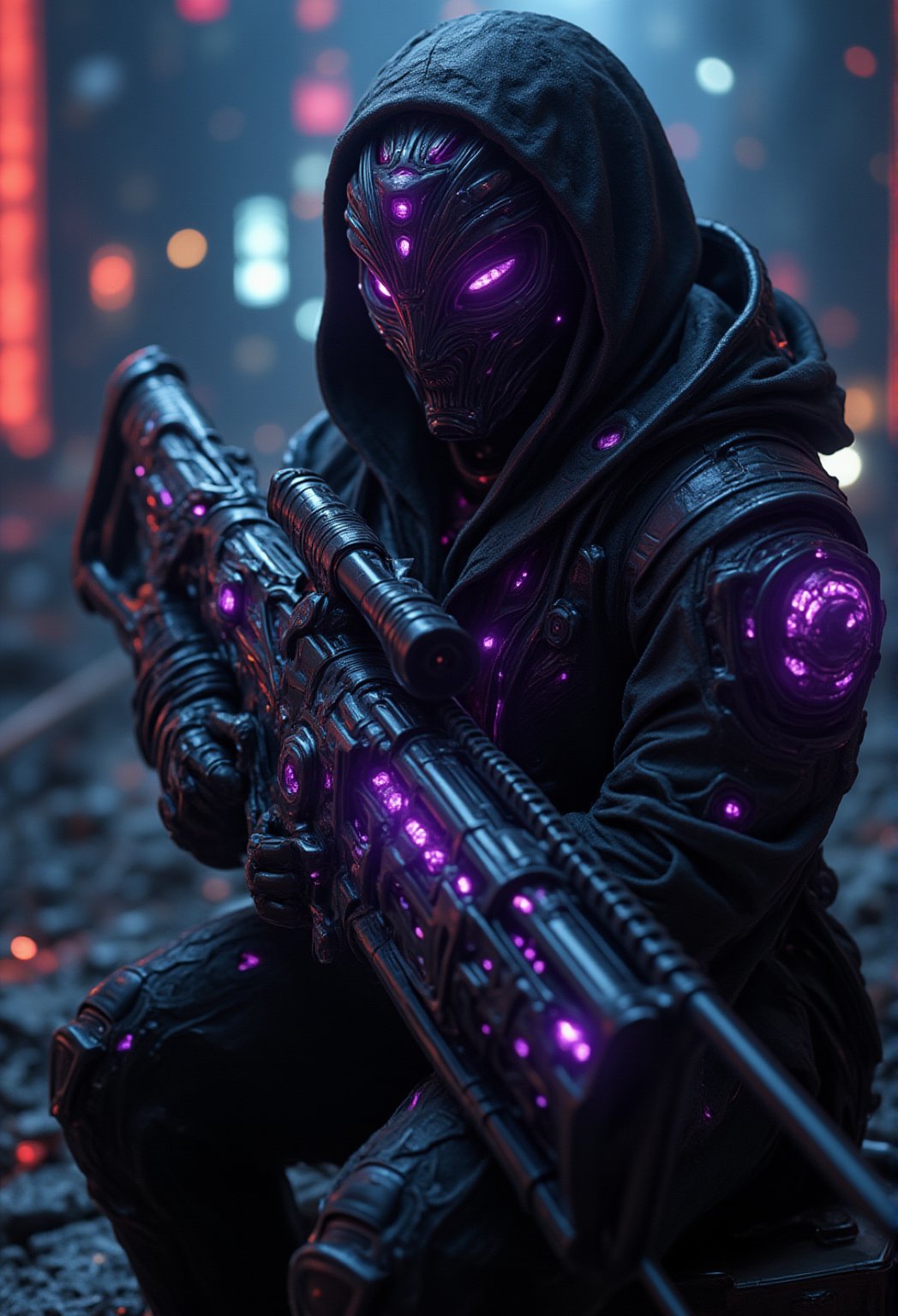A futuristic assassin poses against the neon-lit skyline of a cyberpunk city at night,  surrounded by the high-tech lab's...