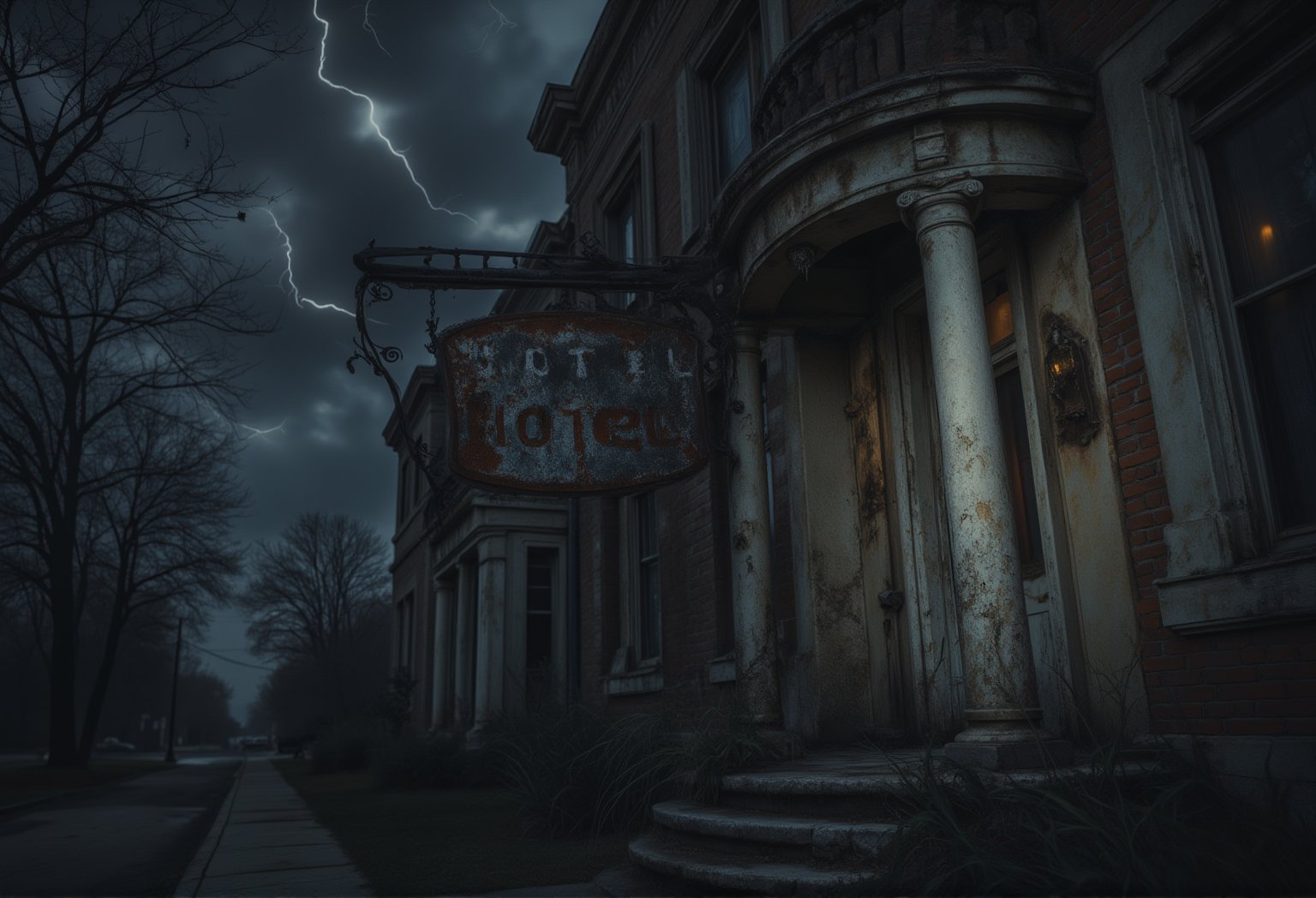 A close-up shot of the front entrance of a decaying, haunted hotel. The camera focuses on the rusted, creaking hotel sign swaying ominously in the wind. The cracked windows reflect the dark storm clouds gathering above, and faint flickers of lightning illuminate the grim facade. Shadows seem to shift behind the curtains, creating an unsettling tension as the wind howls through the empty street.FluxBoost,Midjourney_Whisper