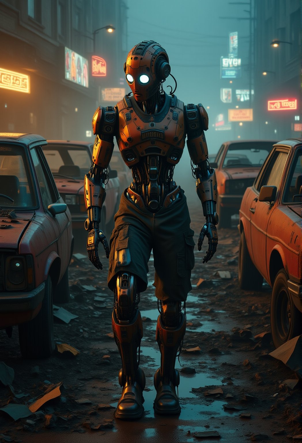 Robot Among Abandoned Cars: A cybernetic robot stands amid a parking lot filled with rusting, abandoned cars. Neon lights flicker in the distance, and the robot's posture conveys sadness as it touches a faded photo found in the wreckage. The cold metallic surroundings are softened by the deep emotional weight of the scene, captured in cinematic detail.,ElectDreDysto