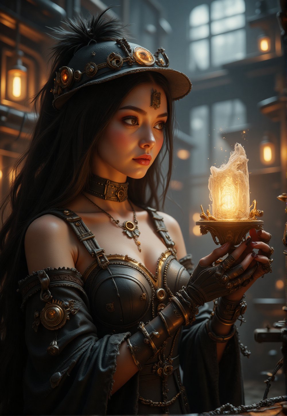 A medium-close-up shot of the Steampunk girl's hands, delicately grasping the glowing rune crystal in the shape of a candle, its soft luminescence illuminating her intricately crafted mechanical arm. The background features a bustling Futuristic Steampunk factory, with gears and copper pipes humming in the distance. Soft, warm lighting casts a golden glow on the scene.DarkHalloween,Enhanced all,FuturisticSteamPunk
