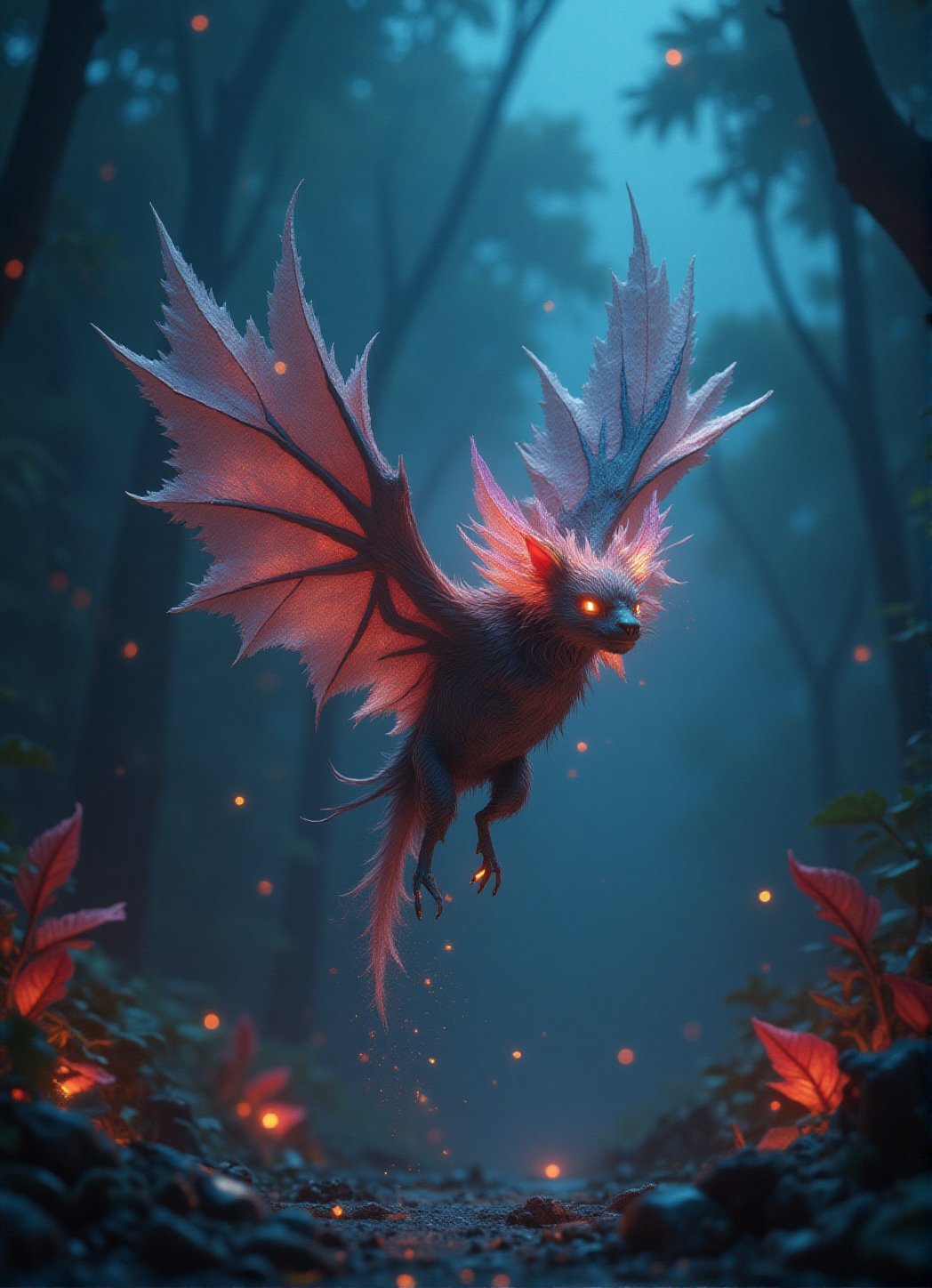 A magical bat with crystalline wings soaring through an enchanted forest, glowing brightly in the night sky, with sparkling dust trailing behind it, surrounded by mystical creatures and glowing plants, ethereal atmosphere, vivid colors, fantasy illustration, 4K.,GbBoost,Angelic Knight,10xRFBoost