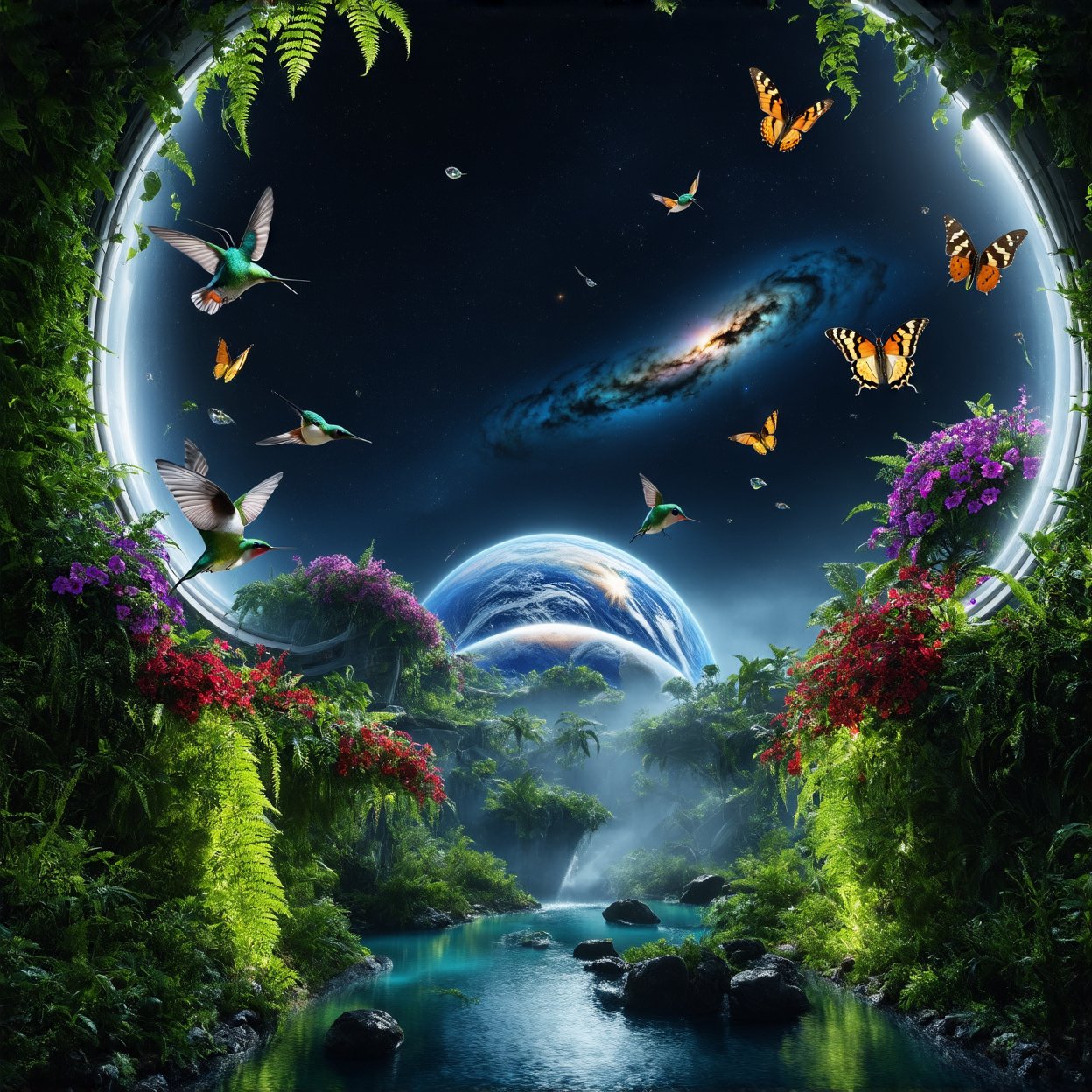 a hyperrealistic photography of a Inside the dome of a spaceship colony, lush vegetation thrives with vibrant flowers in shades of purple, red, and gold. Emerald vines intertwine with ferns, and floating gardens hover gracefully. Glowing bioluminescent plants illuminate the surroundings, attracting butterflies and hummingbirds. Crystal streams meander through the landscape, leading to misty waterfalls. Through the transparent dome, the starry expanse of space is visible, featuring a colorful nebula and a distant view of Earth. hyperrealistic,