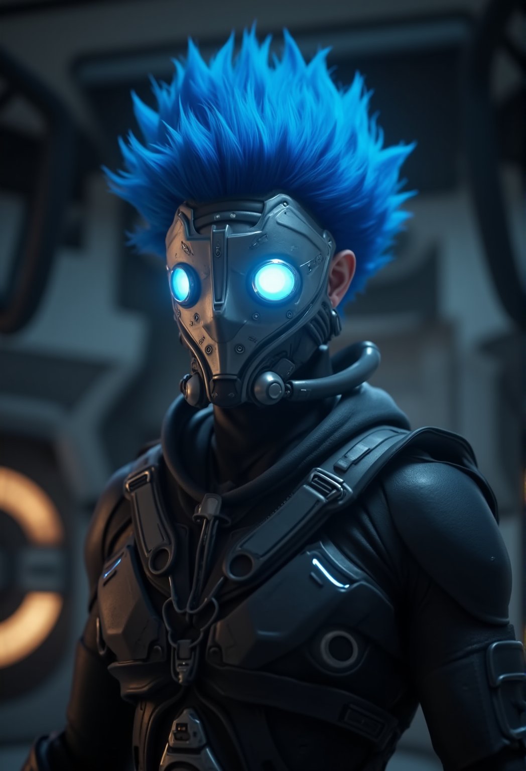 Prompt: Image is a digital artwork featuring a futuristic character in a sci-fi setting. The character has bright blue spiky hair and is wearing a metallic mask with glowing blue eyes, giving a robotic appearance. The suit is dark and armored, with intricate details and a high-tech design. The background shows a high-tech environment with metallic walls and futuristic machinery, emphasizing the sci-fi theme. The overall color scheme is dominated by shades of blue, gray, and metallic tones, creating a cohesive and immersive futuristic atmosphere. ,CGI 3D Animation
