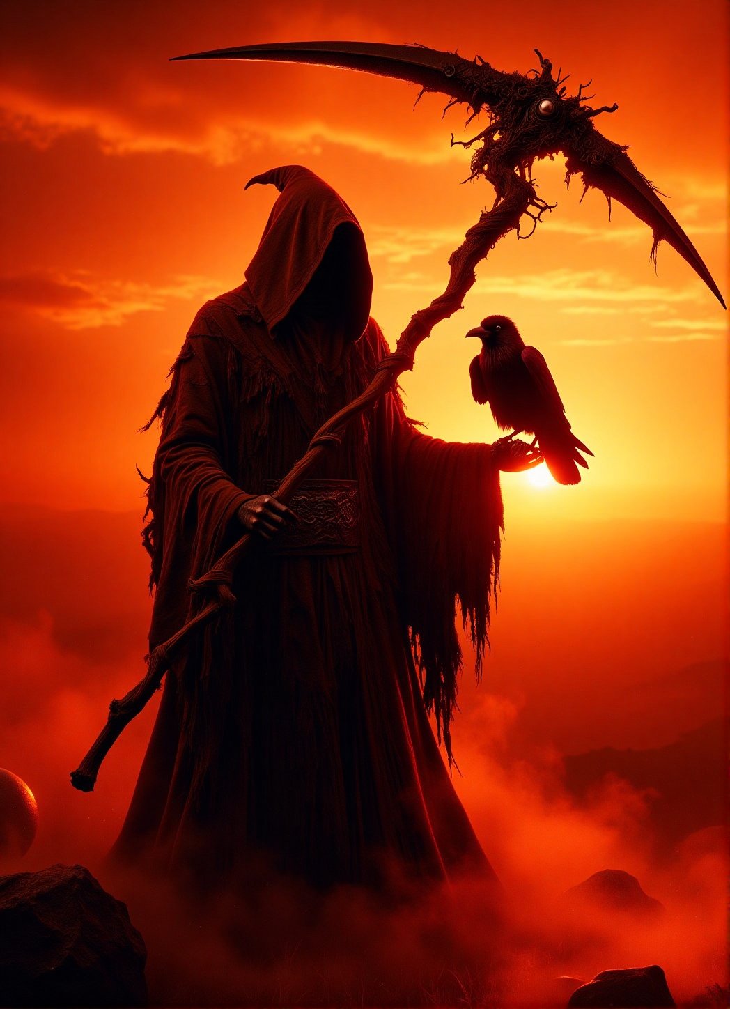 A dark silhouette, the Grim Reaper cloaked in shadows, brandishes an otherworldly scythe amidst a blazing sunset backdrop. The fiery horizon stretches towards the sky, as a small raven perches confidently on their arm, its ebony feathers stark against the Reaper's tattered robes. Mystery and power emanate from this haunting tableau, where darkness converges with fantastical power.