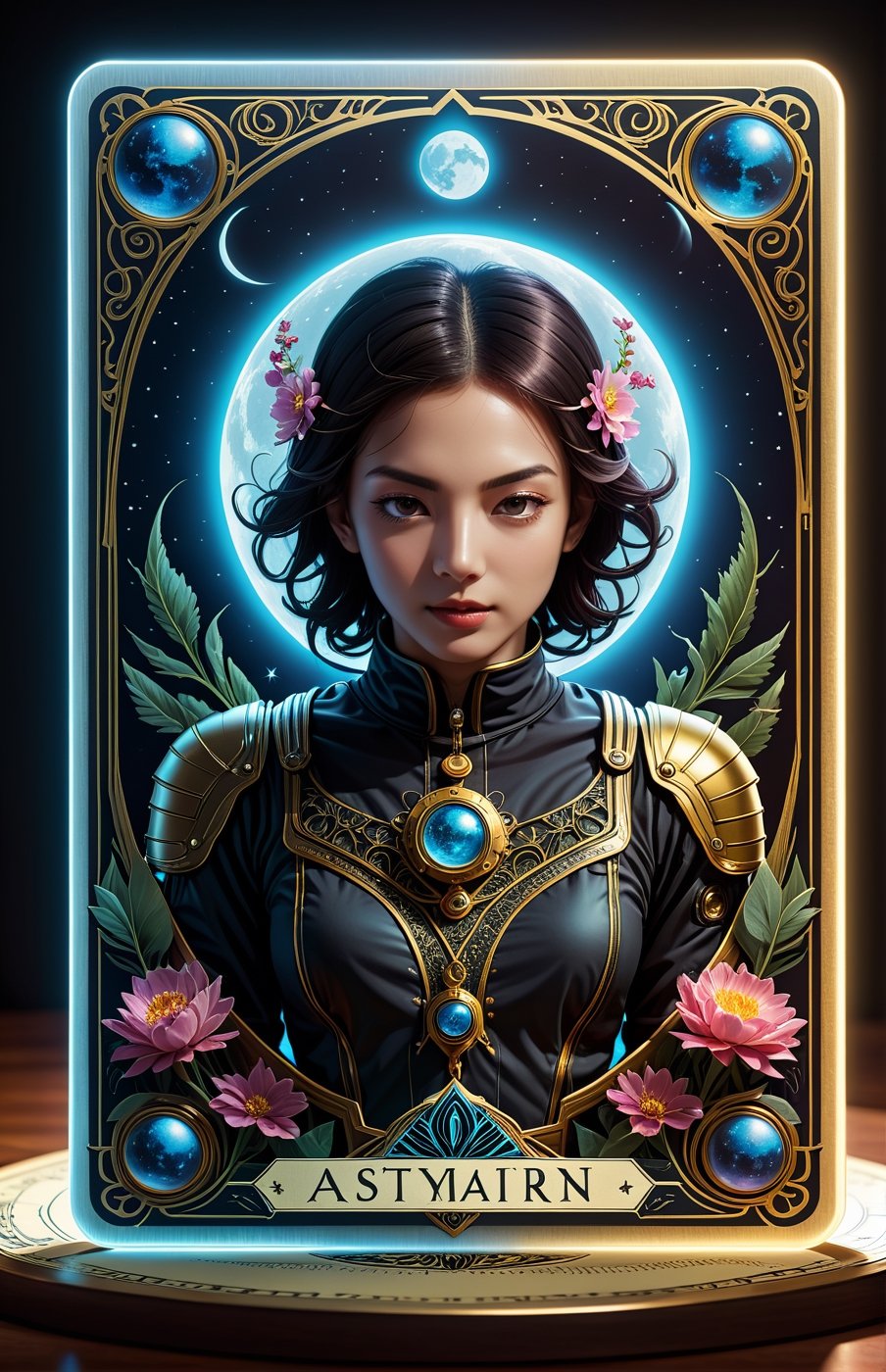 Tarot card, major arcana, (delightful anatomy:1.1), (gloomy illumination, insane, stunning, dramatic, completed artwork, HQ:1.1), (Apterus anatomy, Dan mumford style:1.2), twisted and bent floral patterns, hieroglyph, glitch art, neon, floral patterns, hieroglyph, glitch art, face symmetry, masterpiece, award - winning, sharp focus, intricate concept art, ambient lighting, artstation, pixiv, (((astronaut inside Tarot card on table))), cosmic, galaxy, moon, UHD, HDR, 16k,Linkman