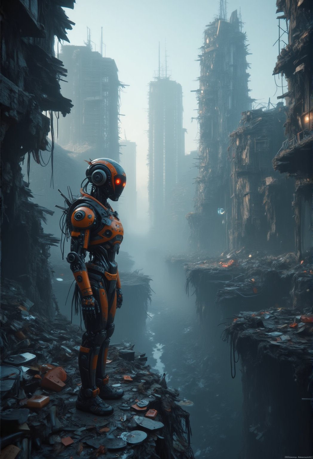 A cybernetic robot stands at the edge of a collapsed skyscraper, looking out over a devastated metropolis, the skyline broken and twisted. The lighting is soft, with long shadows stretching across the scene. The robot’s red eyes pulse faintly as it scans for any movement or heat signature that could signal human presence.,ElectDreDysto,Midjourney_Whisper