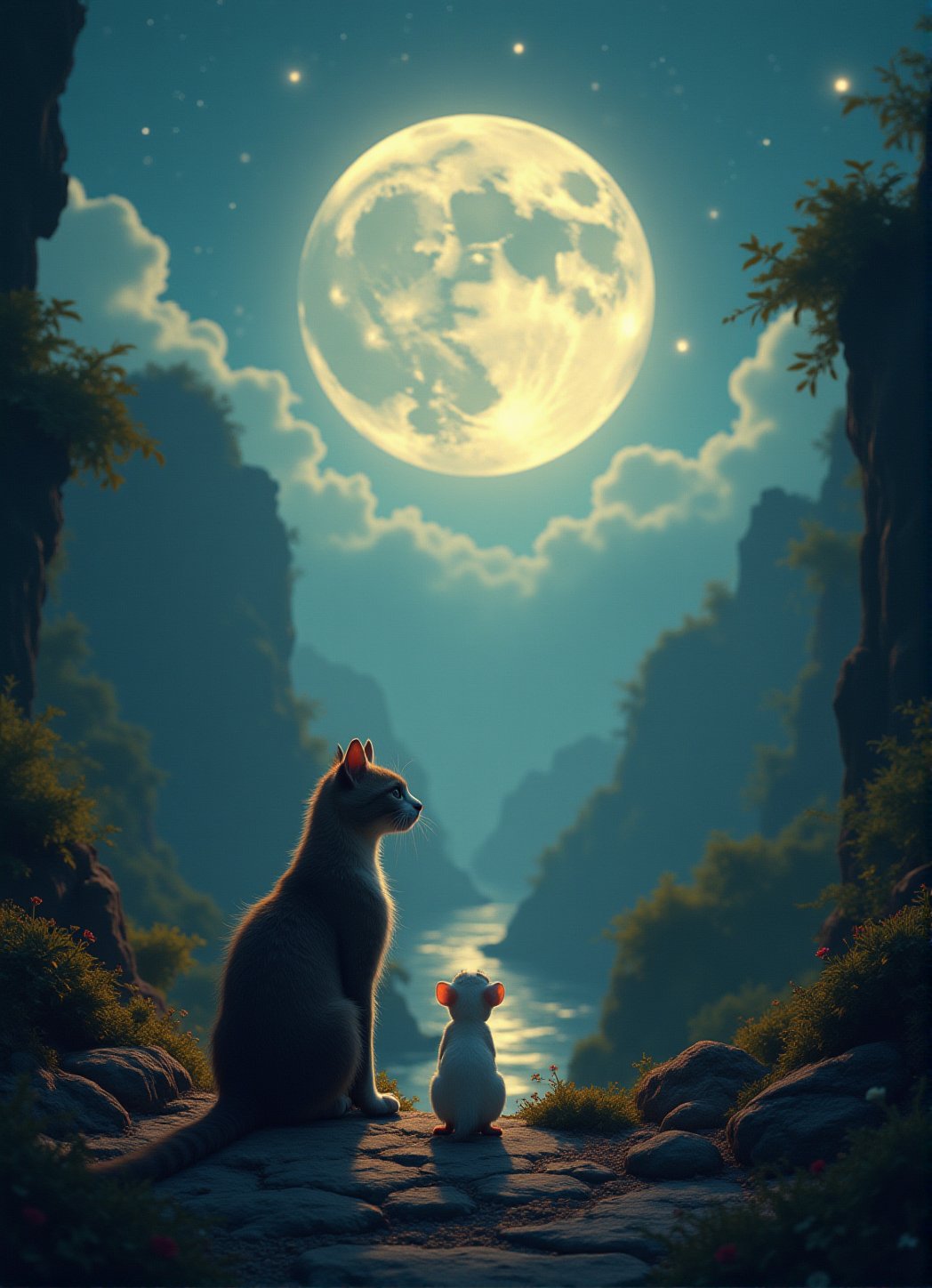 Close-up shot of a curious cat and a tiny white mouse sitting harmoniously side-by-side on a lush, green cliff overlooking a breathtaking landscape under the radiant glow of a massive, full moon. The camera frames their adorable faces with a natural border of trees and foliage, as they both gaze upward in unison, captivated by the celestial beauty above. Dynamic angles and poses capture their playful yet peaceful coexistence beneath the majestic moonlit sky.10xRFBoost,cartoonish 3D painting,Fantasy detailers 