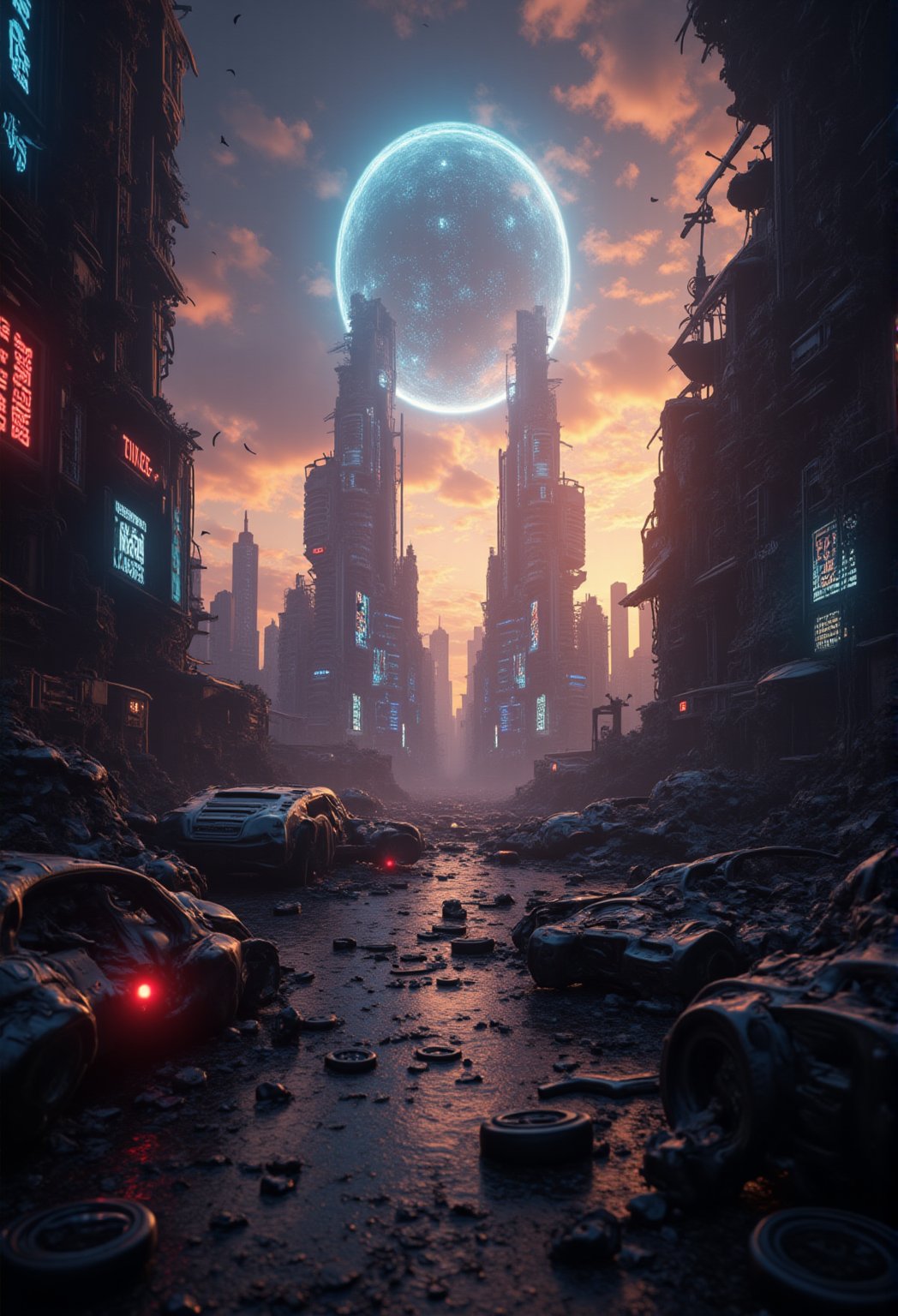 A dystopian metropolis lies ravaged, its holographic billboards sputtering out a final pulse before going dark. Crashed hovercars litter the cityscape, their metallic bodies mangled against skyscrapers. High-tech monoliths crumble into ruin, amidst a tapestry of twisted steel and shattered glass. In the backdrop, a radiant rift in the sky yawns open, as if reality itself is unraveling. The scene's sharp lighting casts a stark glow, reflecting off every shard of debris like a kaleidoscope of destruction.FluxBoost,CGI 3D Animation,Fantasy detailers 