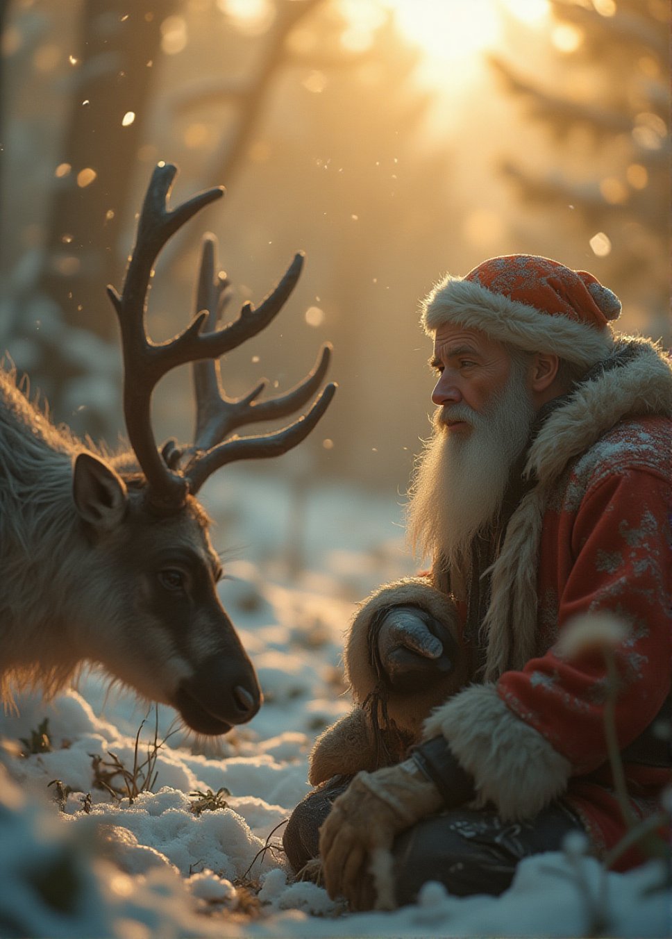 Santa Claus kneeling beside a (red nose reindeer) in a frozen tundra,  a serene and majestic wildlife scene,  cinematic li...
