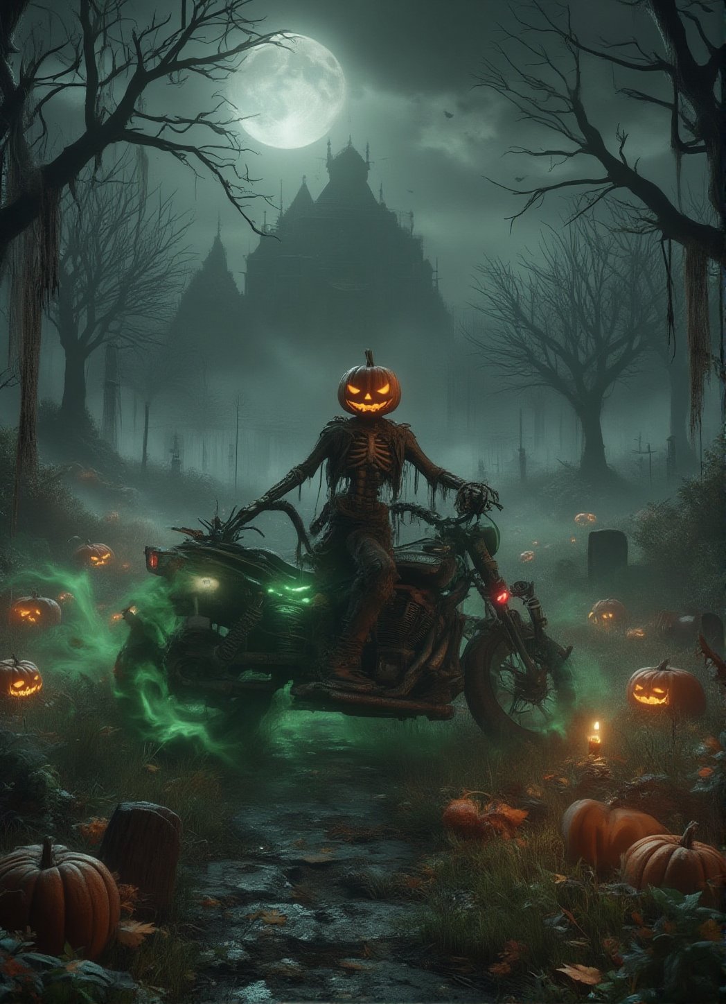 A haunting Halloween scene featuring a pumpkin-headed skeleton wearing tattered, torn clothes. The skeleton is riding an eerie, broken-down Harley Davidson bike, with rusted parts and flickering ghostly lights. The bike's wheels leave a trail of eerie green mist as it moves through a foggy, moonlit graveyard. Jack-o'-lanterns glow ominously along the path, and twisted, leafless trees loom in the background, their branches reaching like skeletal hands. The overall vibe is chilling, with a dark, eerie atmosphere and an ominous Halloween aura. DarkHalloween,justart01,Anime 3D CGI-ABM