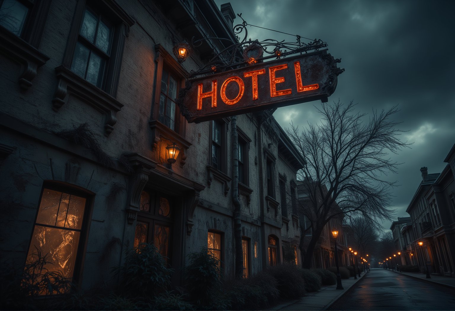 A close-up shot of the front entrance of a decaying, haunted hotel. The camera focuses on the rusted, creaking hotel sign swaying ominously in the wind. The cracked windows reflect the dark storm clouds gathering above, and faint flickers of lightning illuminate the grim facade. Shadows seem to shift behind the curtains, creating an unsettling tension as the wind howls through the empty street.FluxBoost,Midjourney_Whisper