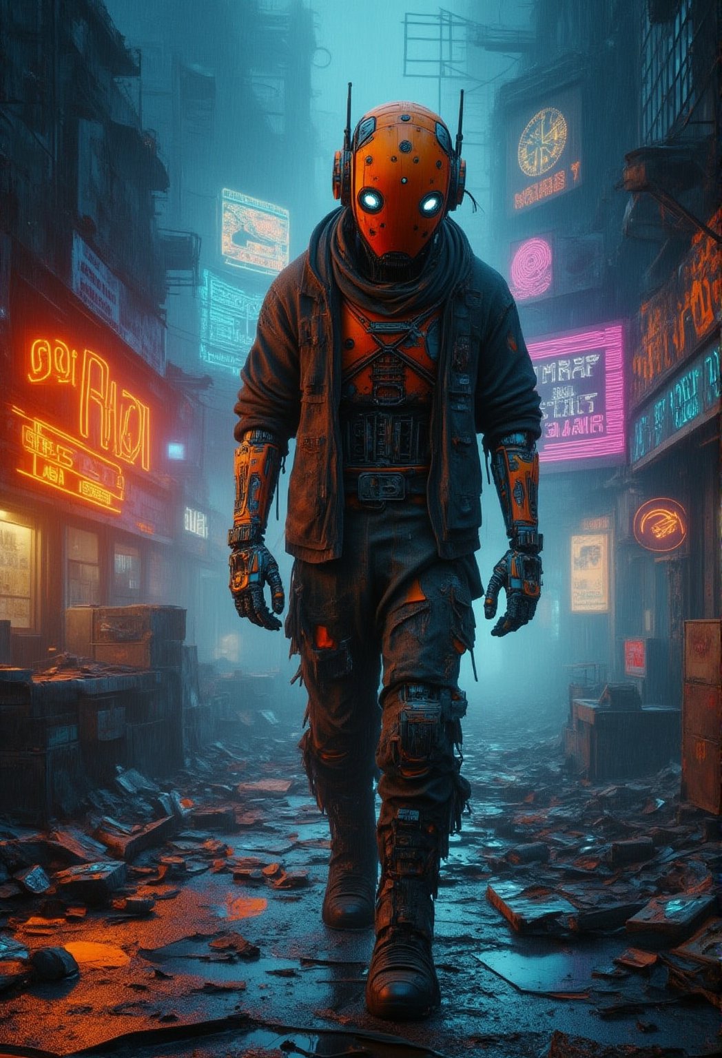 a sad orange and black cyborg robot wearing torn clothes, walking in a broken and abandoned futuristic neon machine city with an otherworldly and sad demeanor, set in a dystopian world, with a 4K resolution. Includes a broken clock tower and a broken holographic billboard with faded advertisements in the background. The art styles are inspired by Simon Stalenhag, Frank Frazetta, Beeple, Greg Rutkowski, Yoko Taro, Christian Macnevin, Wlop, and Krenz Cushart. The scene includes epic fantasy character art, volumetric outdoor lighting, a rainy night atmosphere, high fantasy elements, and is reminiscent of CGSociety's highly detailed realistic artworks. The image looks like it was rendered in Unreal Engine, with a cinematic feel and dramatic lighting, perfectly intricate, similar to a Blender render, with reflections of the rain on the robot's metallic surface, and puddles on the ground reflecting neon signs. ElectDreDysto,Fantasy detailers,AbmoilPainting