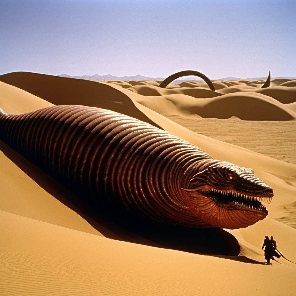 full body of Dune Sandworms are colossal,  worm-like creatures no eyes that live on the desert planet Arrakis,  attack a d...