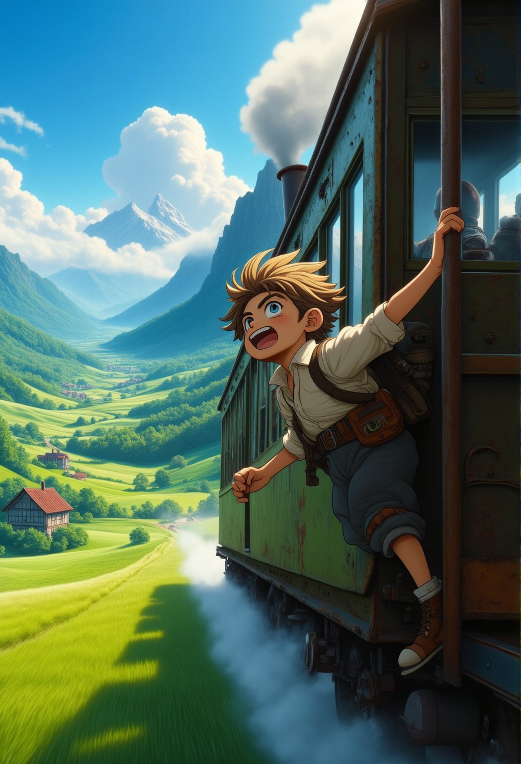 A young boy, dressed in adventurous attire, grasps the rusty metal doorframe of a vintage steam train as it hurtles through the rolling hills, mountains, and forests. The wind whips his clothing and tousled hair, imbuing him with an air of carefree joy. In the background, the lush green meadow stretches towards the misty peaks, a picturesque landscape unfolding before his delighted gaze.Anime Ghibli Style