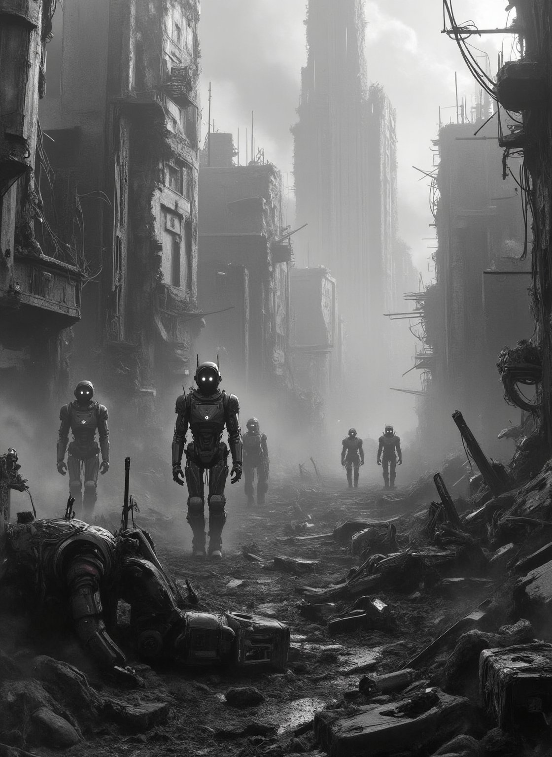 Monochrome battlefield scene: a destroyed cityscape amidst thick fog,  with collapsed buildings and raging fires. In the d...