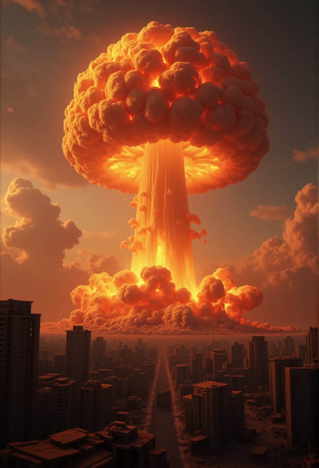 A massive mushroom cloud rises in the distance, the result of a nuclear detonation. The shockwave spreads through a nearby city, shattering buildings and incinerating everything in its path. The ultra-realistic scene is frozen in the moment of impact, with detailed debris and burning rubble flying through the air. FluxBoost,CGI 3D Animation,Fantasy detailers,beksinskiart