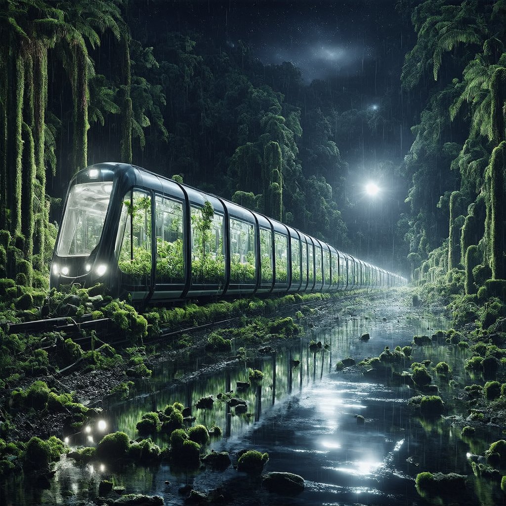 A high-quality hyperrealistic photograph of a futuristic, sleek eco-friendly train with transparent glass carriages filled with vibrant green plants, traveling through a shadowy dark tropical jungle during a dark black night with a dark black starry sky, dark shadowy areas, and no light, zero light, surrounded by diverse flora, a clear river reflecting train light, an ancient broken building covered in moss hidden within the jungle, and ancient broken pillars covered in moss around the jungle, with bad weather. The scene is captured in a super zoom close up view, on ground shot, hyperrealistic, midjourney realistic, photography, hyperdetailed, clear hyperdetailed background, 8k, ultra clear resolution, perfect composition, hyperrealistic texture. eco-friendly train, hyperrealistic,