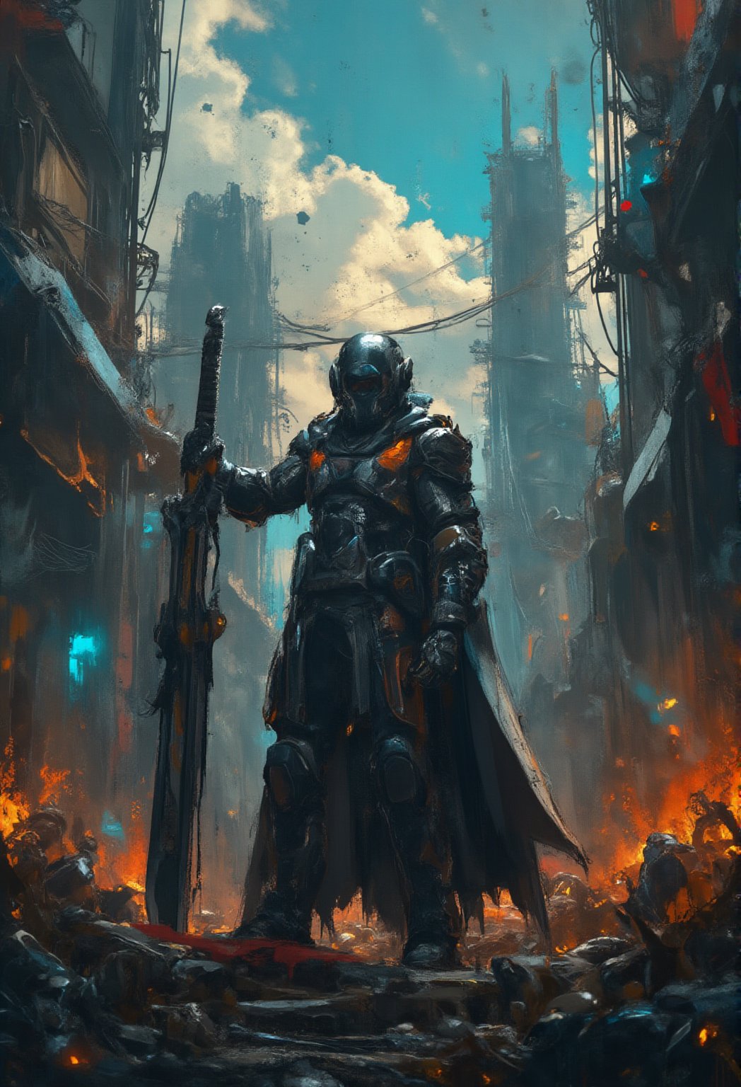 Heroic figure clad in Makoto Kobayashi-inspired mecha armor, its sleek futuristic design glistening under the dim light of the ruined cityscape. The warrior's gaze is steady as they hold aloft a colossal great sword, its high-tech components humming with energy. Against the backdrop of crumbling skyscrapers and twisted steel beams, the hero stands tall, a beacon of hope in a world torn apart.cartoonish 3D painting,justart01,CGI 3D HD Animation