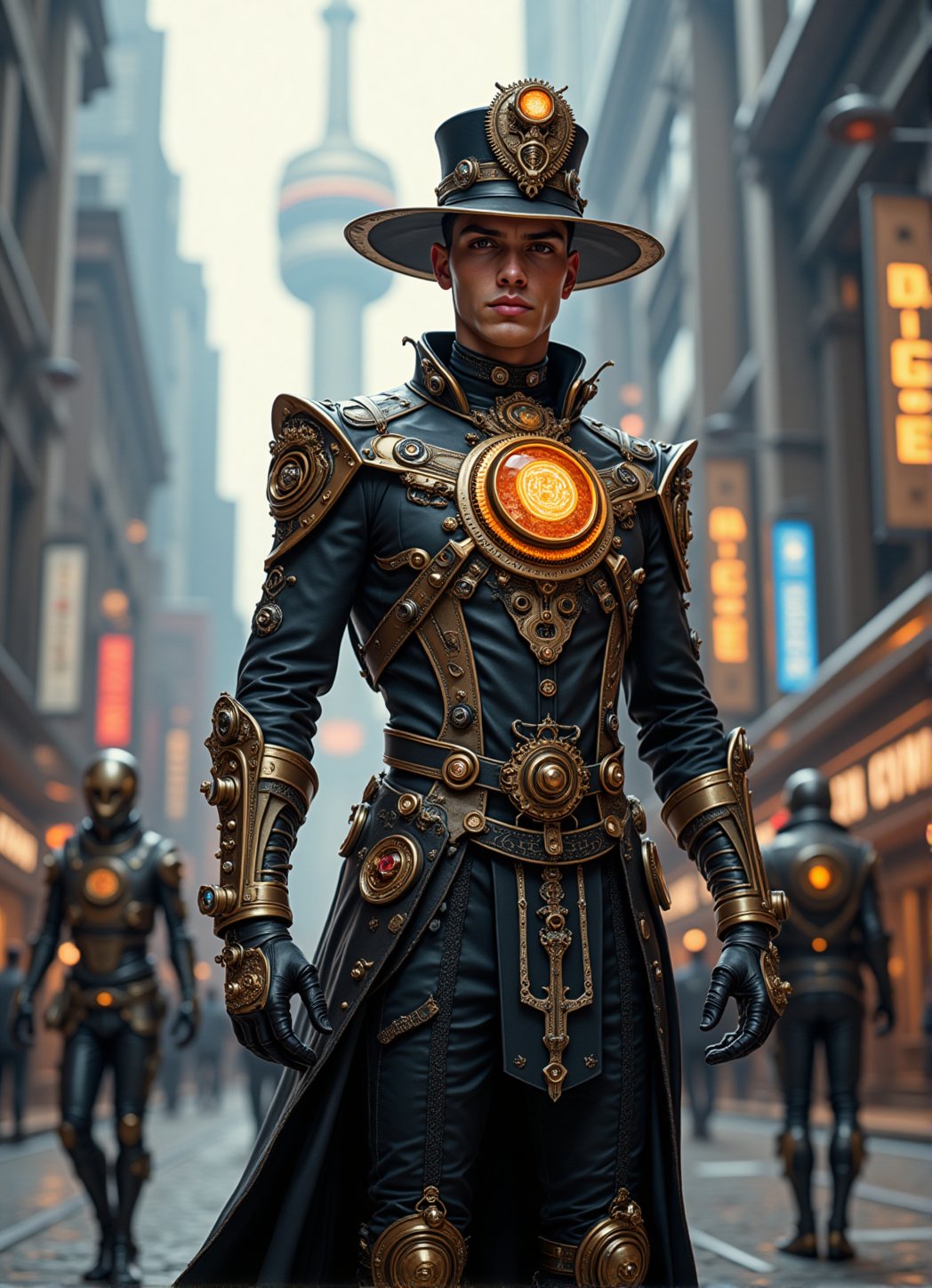 Confident 25-year-old man stands tall amidst steampunk metropolis's bustling streets, high-tech outfit gleaming with intricate gears, brass filigree, and pulsing crystal runes. Sleek hat adorned with delicate gears mechanism crowns his head. Dynamic pose showcases futuristic-steampunk fusion as ancient rune stones meet modern machinery in the city's skyline, surrounded by walking robots, vibrant aura crackling with energy.