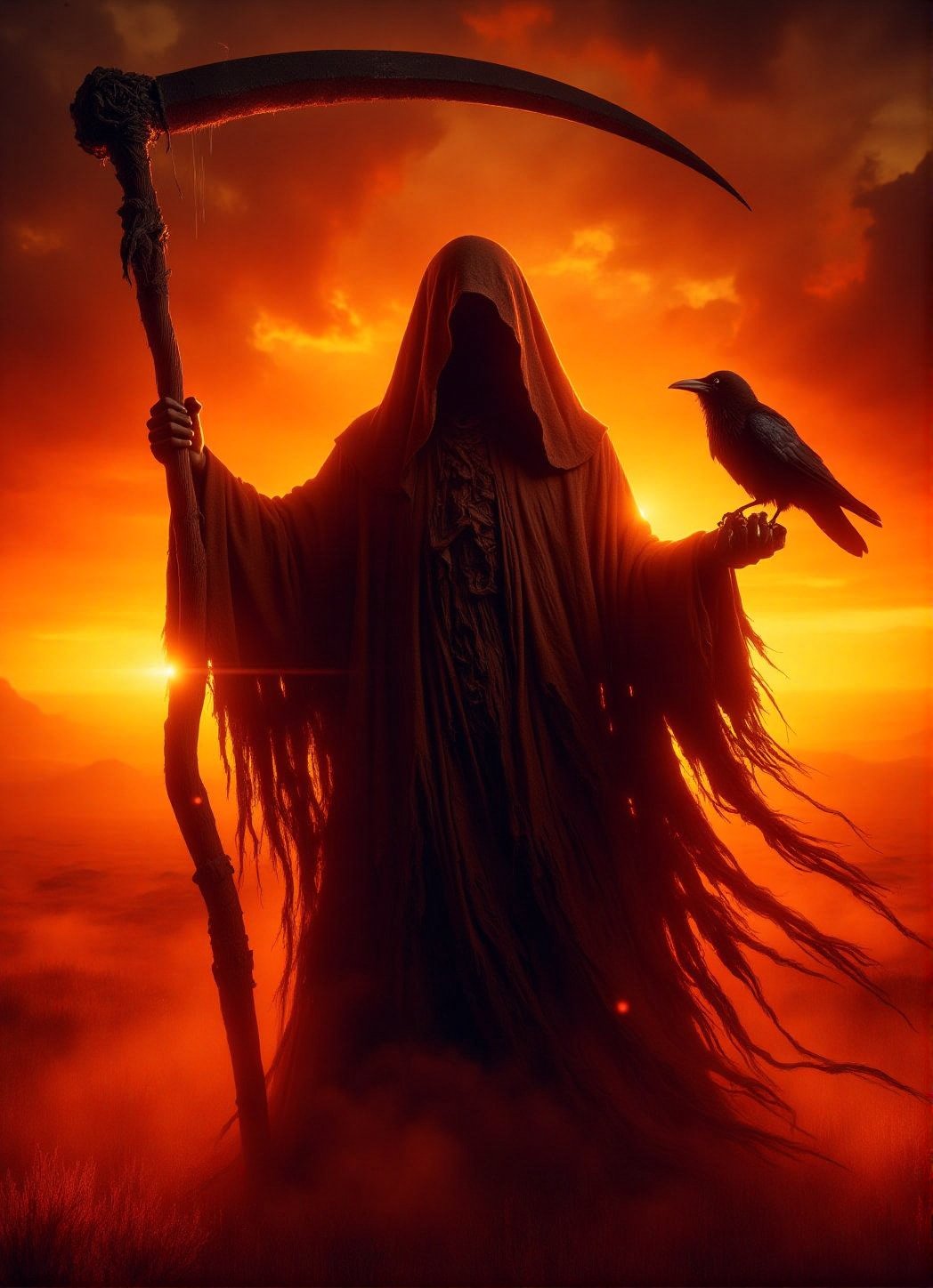 A dark silhouette, the Grim Reaper cloaked in shadows, brandishes an otherworldly scythe amidst a blazing sunset backdrop. The fiery horizon stretches towards the sky, as a small raven perches confidently on their arm, its ebony feathers stark against the Reaper's tattered robes. Mystery and power emanate from this haunting tableau, where darkness converges with fantastical power.