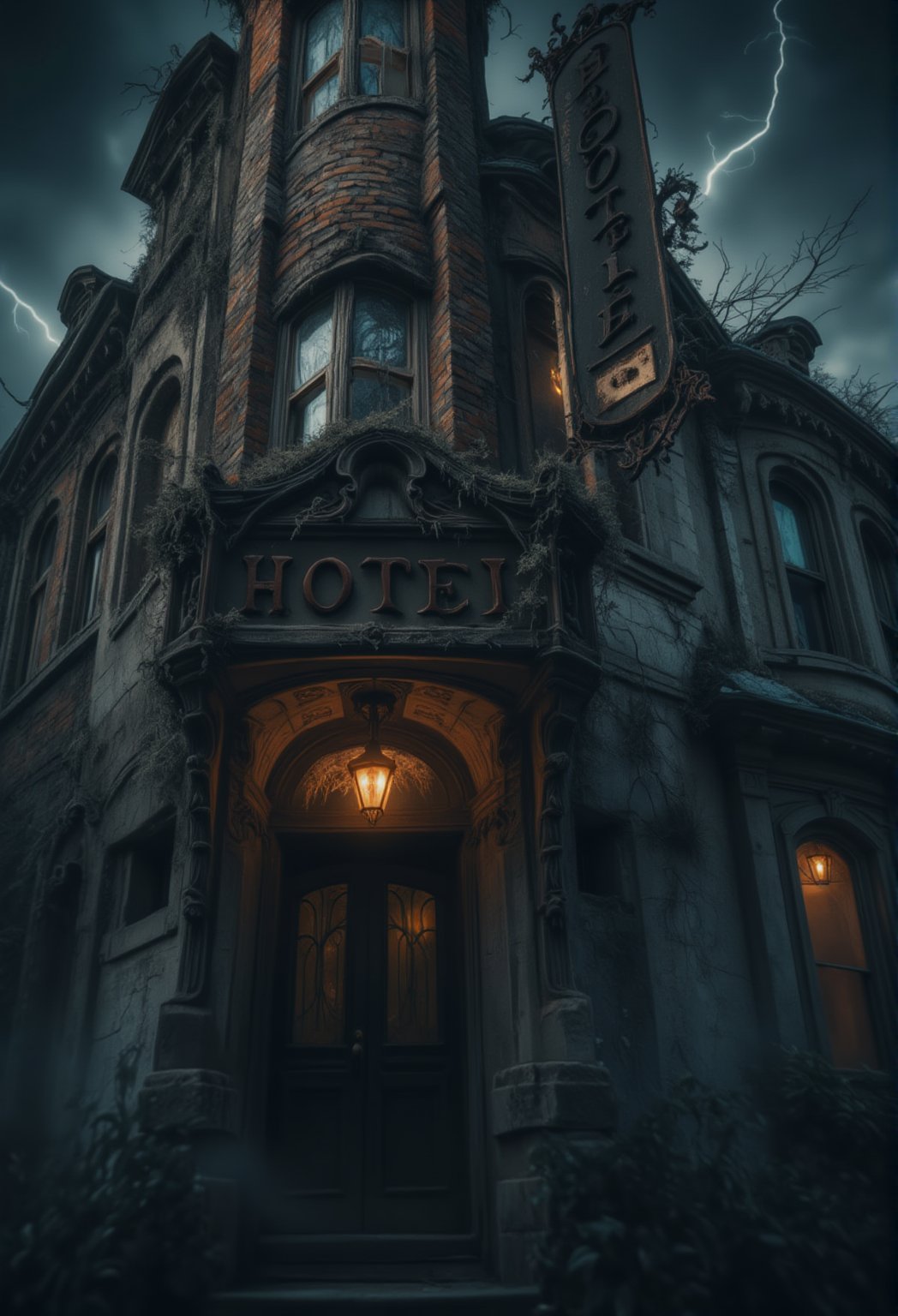 A close-up shot of the front entrance of a decaying, haunted hotel. The camera focuses on the rusted, creaking hotel sign swaying ominously in the wind. The cracked windows reflect the dark storm clouds gathering above, and faint flickers of lightning illuminate the grim facade. Shadows seem to shift behind the curtains, creating an unsettling tension as the wind howls through the empty street.FluxBoost,Midjourney_Whisper